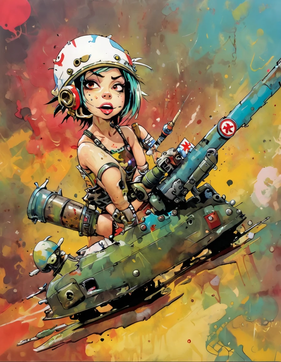 a photorealistic young woman with big eyes, a crazy colorful short hairstyle, and a crazy smile, wearing an old military helmet, a torn tank top, short shorts, colorful knee-high socks, and untied oversized combat boots, set against an immersive punks background, (best quality,4k,8k,highres,masterpiece:1.2),ultra-detailed,(realistic,photorealistic,photo-realistic:1.37),HDR,UHD,studio lighting,ultra-fine painting,sharp focus,physically-based rendering,extreme detail description,professional,vivid colors,bokeh
