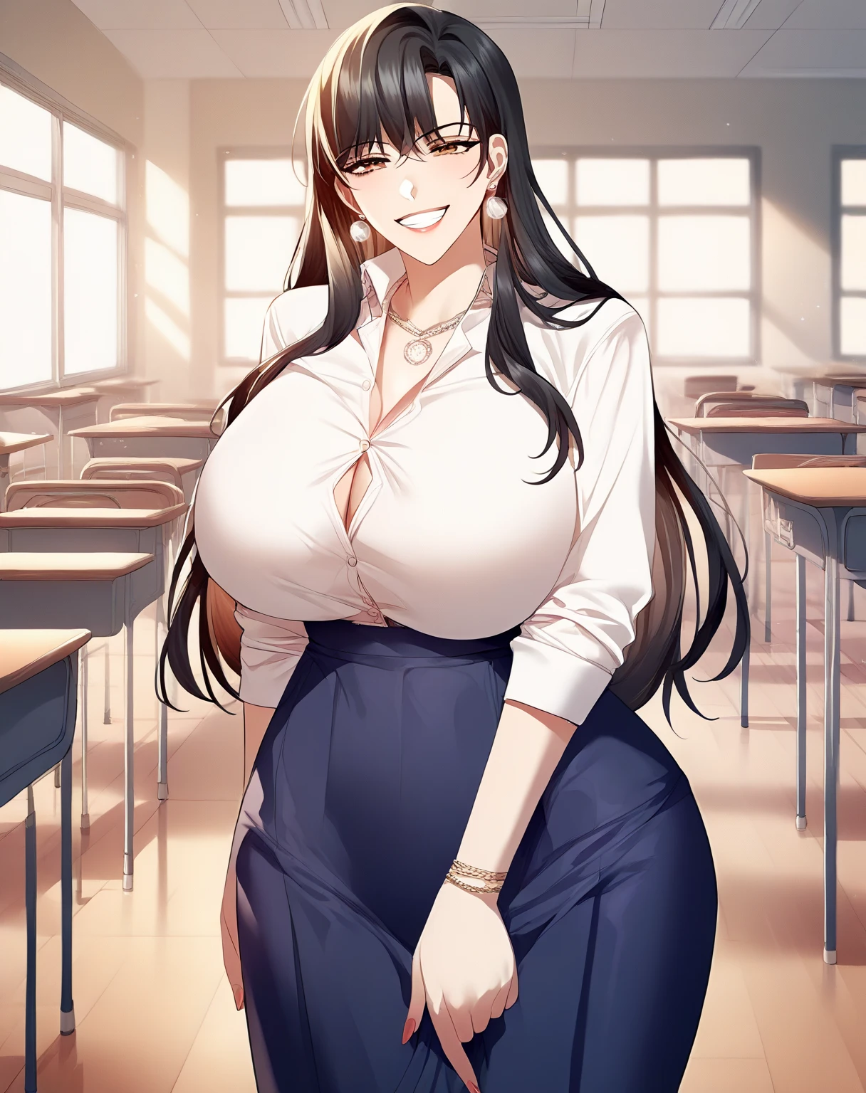 score_9, score_8_up, score_7_up, source_anime, 1girl, huge breasts, large breasts, curvy, voluptuous, black hair (straight bangs), brown eyes, long hair, high school female uniform, earrings, necklace, jewelry, grin, standing, classroom, indoors, mgirly