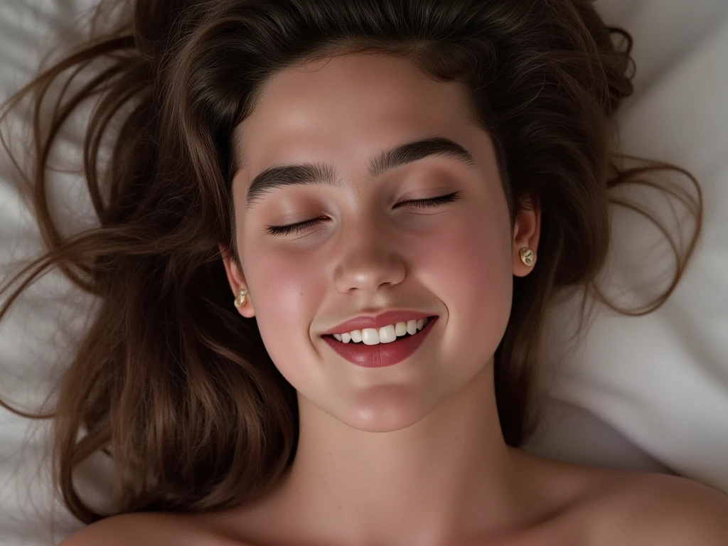 A vivid close-up of teenage beautiful girl Jennifer Connelly, from above view, beautiful face, elegantly arched nose, no makeup, closed eyes, mouth opened, she lays on her back on the bed, she smiles gently, she might be masturbating,she might be nude., cleavage,SFW