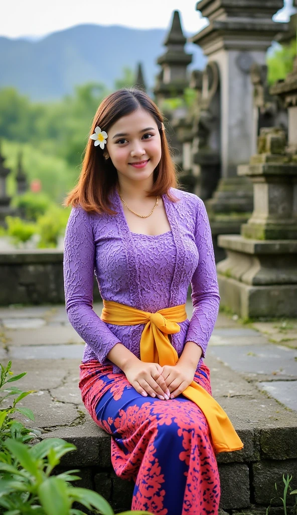  A beautiful woman sits gracefully in a traditional Balinese temple surrounded by lush green tropical plants and moss-covered stone structures. The woman had shoulder-length light brown hair adorned with white and yellow frangipani flowers tucked behind her ears. She wears a bright purple lace patterned kebaya top, paired with a flowing pink and purple flower batik sarong, and a golden yellow sash tied around her waist. His expression was calm and calm with a gentle smile, and he sat gracefully with his hands resting on his lap. The backdrop includes intricately carved Balinese pagoda-like structures, stone steps, and misty green mountains in the distance, creating a serene and spiritual atmosphere. The lighting is soft and natural, enhancing the lush colors of his clothes and the surrounding environment."