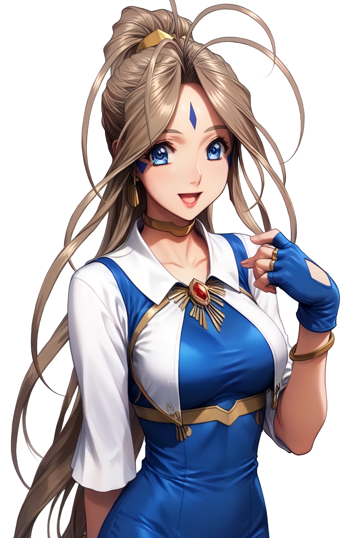 sfw, 1goddess, solo, (priestess, priestess short-neck dress), (short-neck), long sleeves, ((Blue-Trimmed-Dresses, Blue-Trim-clothes)), shiny, shiny white skin, (closed front clothes:1.6), calm smile, open mouth, open palm, arms_down, (full bust:1.5, glamorous, Curvy body, Slim waist), 
BREAK, Lovebell-SDXL, Belldandy, long ponytail, brown hair, blue eyes, parted lips, gold choker, ((fingerless_blue_short_gloves:1.5)), bracelet, earring, wedding_silver_ring on left_hand_ring_finger, gold anklet, (elegant mature woman), safety, tranquility, 
BREAK, simple background, transparent background, 
BREAK, extreme quality, cg, (detailed eyes,and face), (bright colors), (anime), impact, masterpiece, top tier, extravagant, 8k, unity wallpaper, unreal engine 5, ray tracing, 8k, cinematic, varied depth of field, octane render, tone mapping, hyper focus, detailed hand, 
BREAK, full body, ((standing)), dynamic angle, 