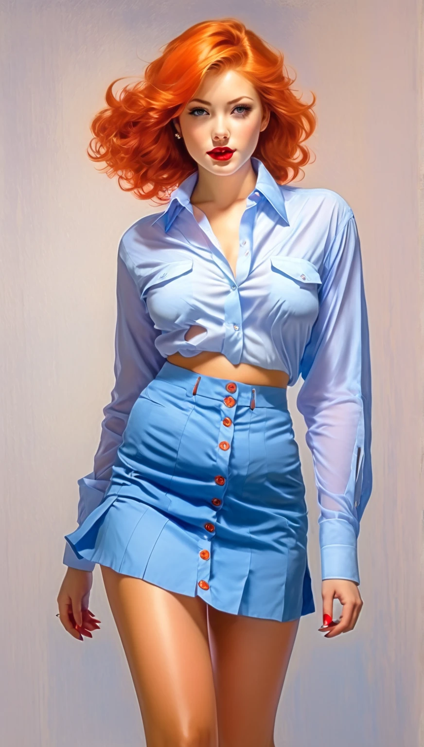  an attractive sexy teenager girl beautiful cool popular short orange hair cropped light red lips wears light blue long button shirt sexy curves and a short purple skirt pair of short blue socks legs white heels she walks,  saia levantada,  shows that she is without panties,  unbuttoned blouse creating a beautiful neckline , Aurela of the visible breast 