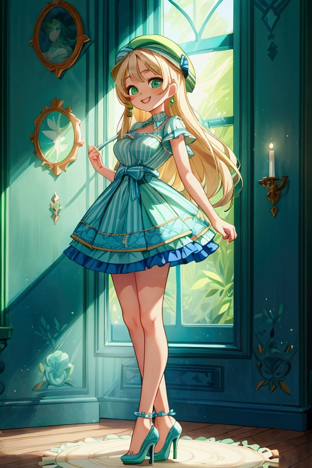 (masterpiece, best quality) 1 girl (Landscape: standing, indoor, intricate detail, sunlight) (Outfit: blue and green frilly striped dress with short neckline, high heels, beret) (Body: white blonde short hair, green eyes, teen gorgeous body, gorgeous legs, lovely, pronounced big breast, smiling