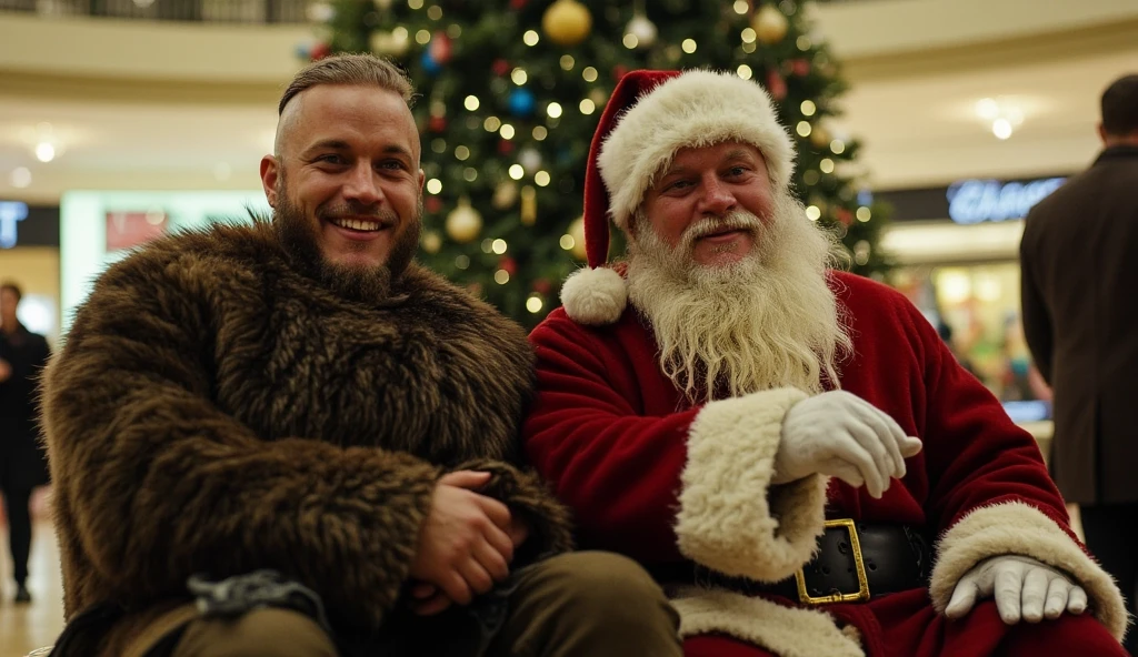 ((masterpiece)) ((photography)) ((Highest quality)) A muscular, rugged Viking man with long, unkempt hair and a friendly smile, dressed in a worn fur outfit, joyfully poses next to a jolly Santa Claus. Santa, with his fluffy white beard and cheerful expression, is wearing his classic red suit trimmed with white fur. They sit together in a festive mall, surrounded by twinkling Christmas lights and a massive Christmas tree in the background, capturing a sense of holiday cheer and camaraderie between these two unlikely companions, one ancient and one modern.