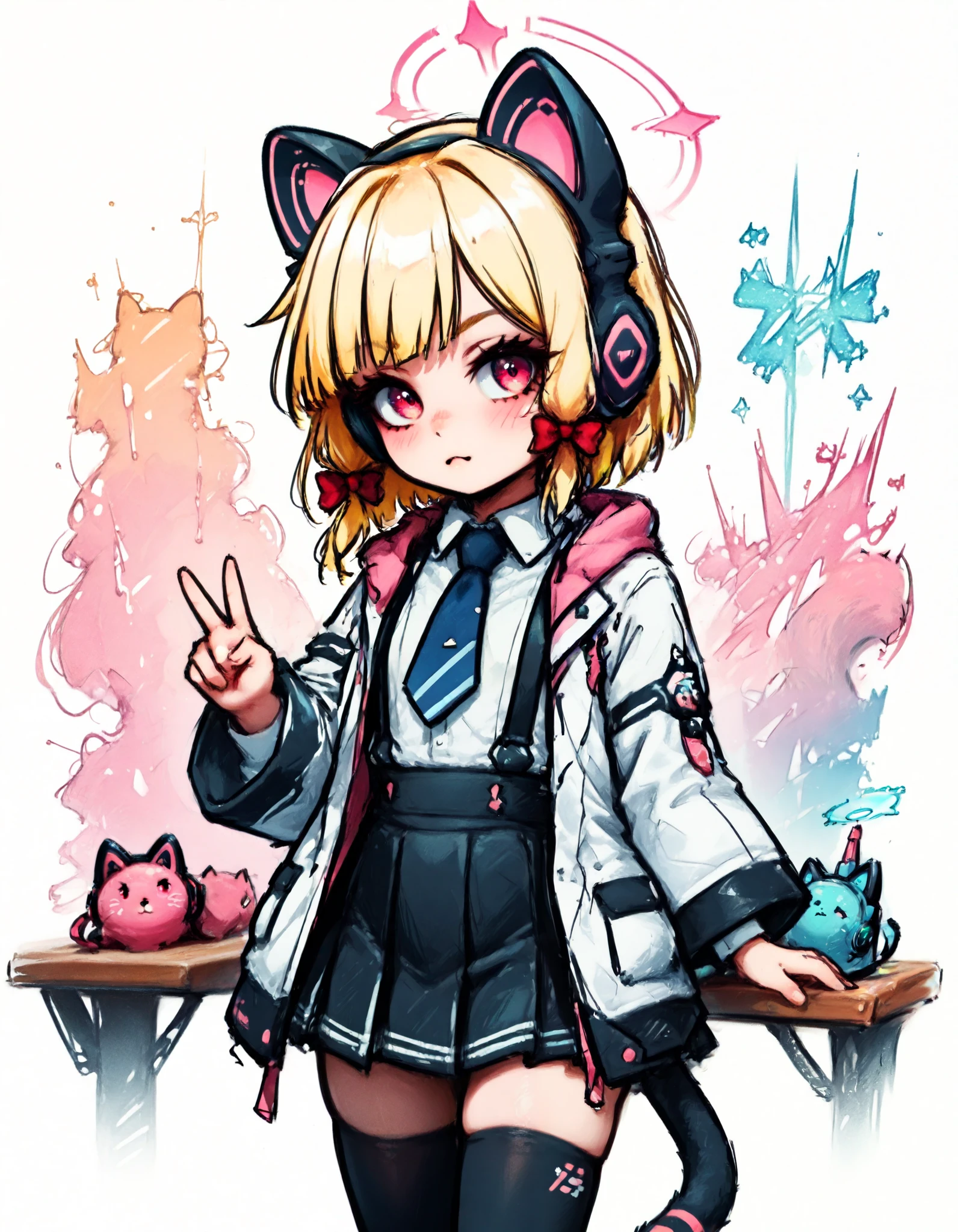 masterpiece, best quality, good quality, newest, cowboy shot,amazing quality,
1girl, solo, 21 year old model, eyelashes, (beautiful eyes), ,,, zzMomoi, blonde hair, animal ears, fake animal ears, animal ear headphones, headphones, short hair, bow, halo, cat ear headphones, hair bow, red bow, pink eyes, pink halo, tail, cat tail, red eyes, collared shirt, long sleeves, pleated skirt, white shirt, black skirt, blue necktie, white jacket, wide sleeves, black thighhighs, suspender skirt