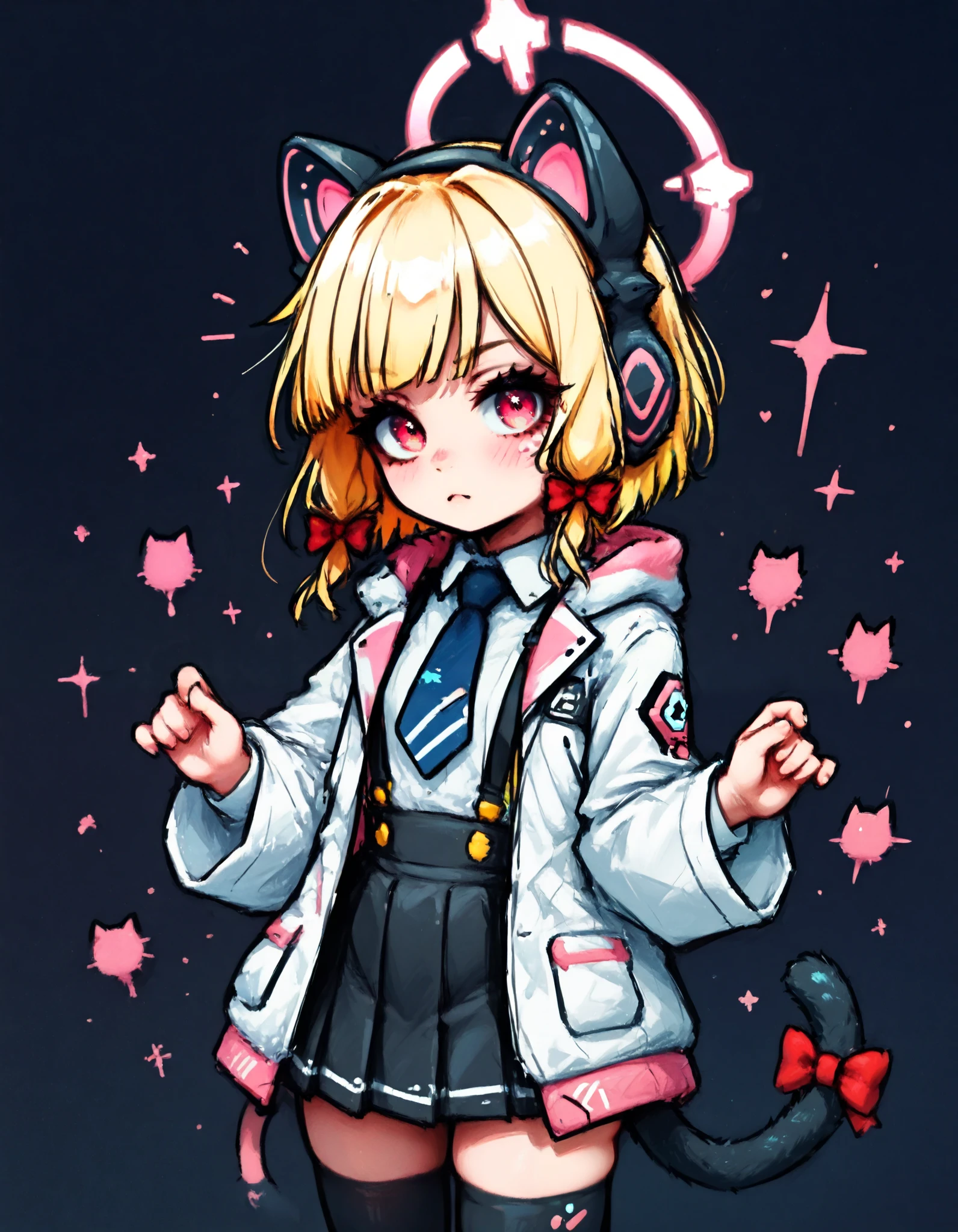 masterpiece, best quality, good quality, newest, cowboy shot,amazing quality,
1girl, solo, 21 year old model, eyelashes, (beautiful eyes), ,,, zzMomoi, blonde hair, animal ears, fake animal ears, animal ear headphones, headphones, short hair, bow, halo, cat ear headphones, hair bow, red bow, pink eyes, pink halo, tail, cat tail, red eyes, collared shirt, long sleeves, pleated skirt, white shirt, black skirt, blue necktie, white jacket, wide sleeves, black thighhighs, suspender skirt
