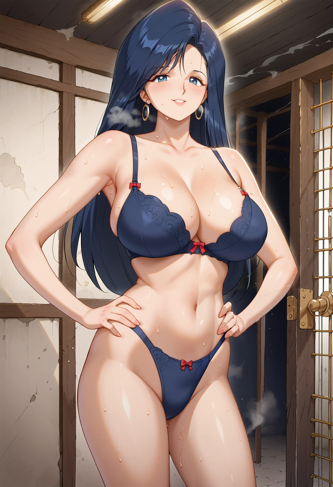 score_9, score_8_up, score_7_up, ASCII masterpiece, source_anime, BREAK, 1girl, solo, long hair, ((mari_ooaya, normal waist, wide hips, beautiful skin, beautiful black hair, beautiful dark blue hair, clear eyes, piercing dark blue eyes, bright pupils, beautiful eyes, beauty, extraordinary beautiful woman, attractive woman, super sexy woman, lustful body, sexy woman with seductive obscene body, sensual body, voluptuous body, 1990s \(style\) , 1980s \(style\), RETRO ARTSTYLE)), sexy lingeries, sexy bra, sexy panties, (ultra huge breasts, ultra huge tits, ultra huge cleavages, ultra huge boob), sexy pose, cowboy shot, smile, sexy, hands on hips, (ultra realistic iron bars, ultra detailed iron bars, ultra realistic interior of narrow & abandoned prison cell, ultra detailed interior of prison cell, iron bars partition, abandoned old iron door, shabby floor, messy walls, dirty prison cell), (((dark room, dark interior, dark atmosphere))), (nsfw:1.5, sweat bodies:1.5, steam:1.5),