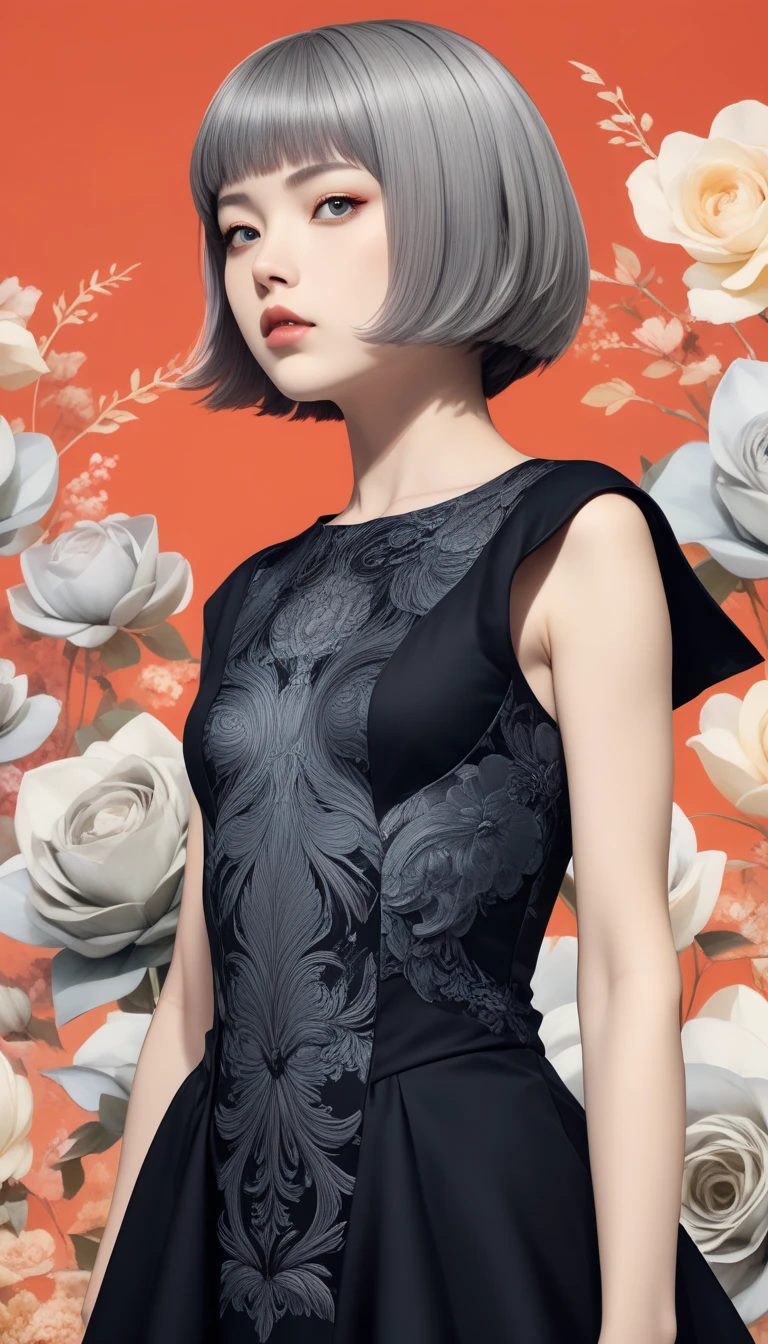 ((wallpaper 8k)), (( surreal)), (( Quality that shines with attention to detail:1.2)),  1 girl, １４、Kind eyes、  plump lips、Grey Hair、Fatigue、((( small breasts)))、Black Classy Dress , black capelet ,  looks up, Widespread poverty, (((  short bob、Grey Hair:1.5)))、 white skin