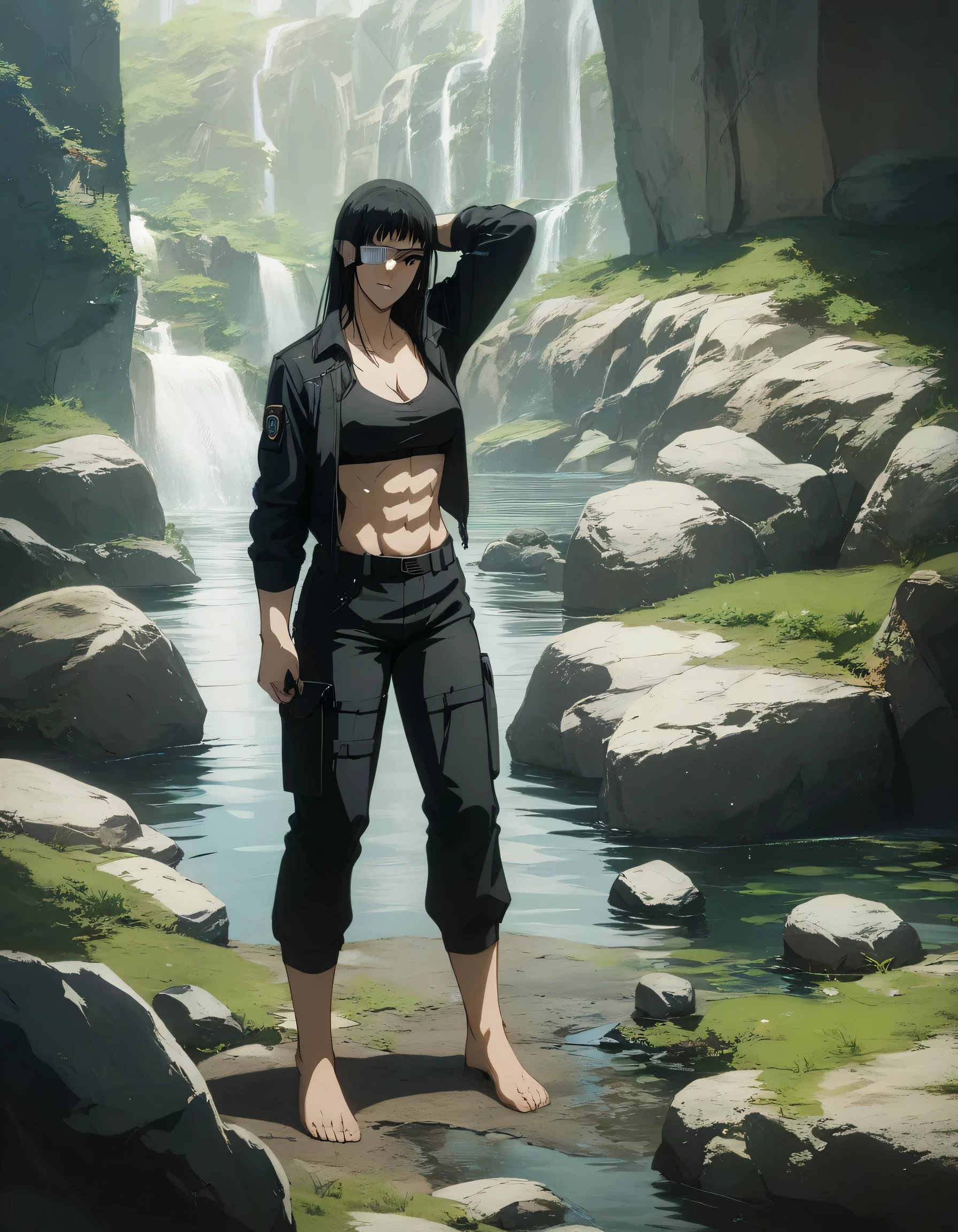 score_9, score_8_up, score_7_up,score_6_up,high resolution,source_anime,s0fiavalm3t,1girl,eyepatch,black hair,long hair,,water,rocks,,dramatic shadow,full body,wearing sport bra,black Elastic fibers combat trousers ,Barefoot,training hard,,sporting attraction,long   black leather jacket 