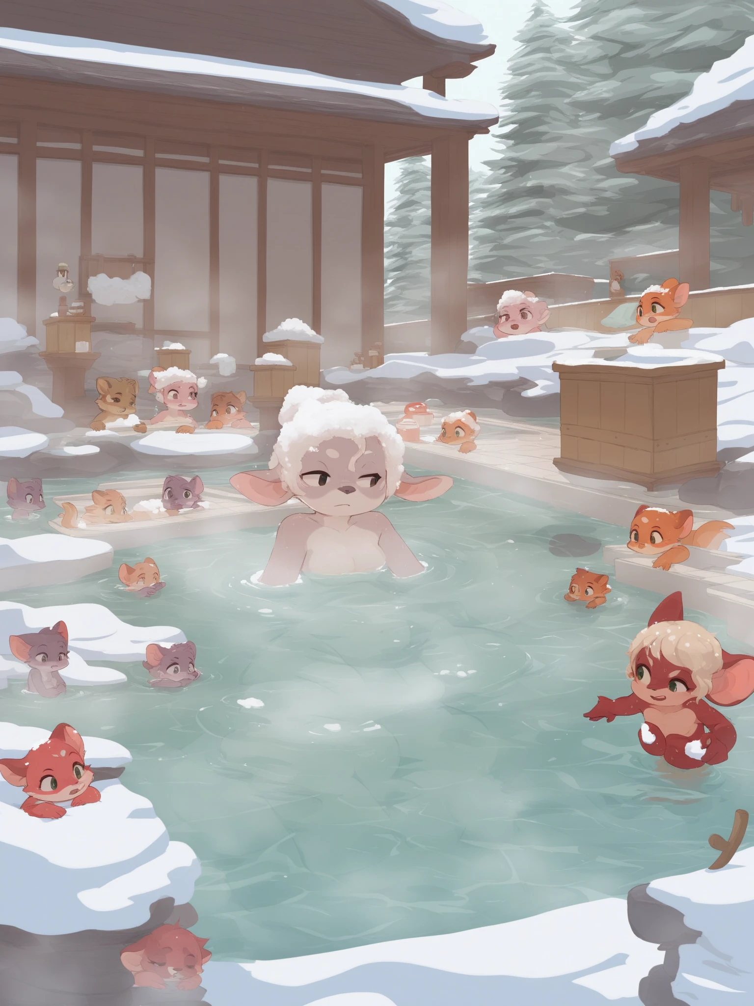 reallistic、Movie Still、Cloud Girl、,Open-air bath with falling snow、Powder snow,naked girl、Showing off the vagina、发光、With smiling eyes、A delightful、Warm and soft lighting、Fire glow,blush