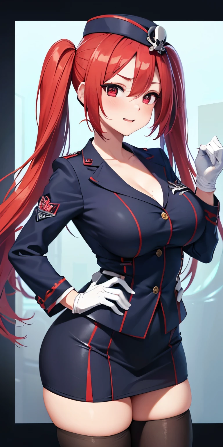 1 Female,High definition,high resolution,Ultra-realistic,8K, 1girl, solo, red hair, red eyes, twintails, employee uniform, pencil skirt, skull print, navy cap, fang, black legwear, white gloves, large breasts,European,sexy,Upper body close-up,Photographed from the front,Dynamic Angles,(blush), (medium tits) , multicolored hair 