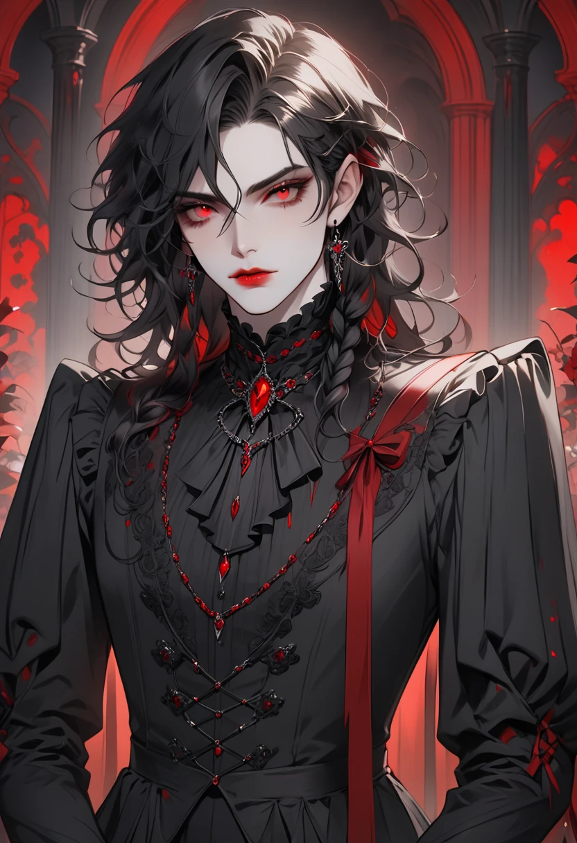 male vampire femboy, appears 19. Tall (5'10") and gracefully slender with subtle curves. Long, raven-black hair often styled in elaborate braids with blood-red ribbons. Crimson eyes that seem to glow in dim light. Pale, flawless skin that's cool to the touch. Delicate features with high cheekbones and full, pouty lips. Favors  fashion in blacks and reds