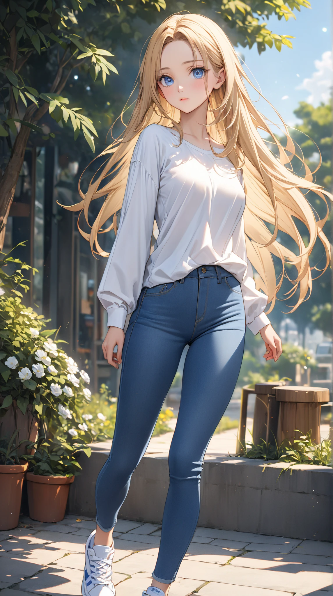 masterpiece, extremery magnificent view, perspective, extremery best quality, extremery detailed CG, 8k wallpaper, ultra high resolution, highly detailed face, highly detailed eyes, perfect ???????, super detailed skin, not safe for work,
(dynamic angle, casual pose:1.2), outdoors, downtown, (leg focus, full body:1.3), (beautiful face, beautiful eyes, beautiful legs),
1girl, 20 year old, European woman, brunette hair, straight hair, long blonde hair, forehead, blue eyes, large breast, (blue blouse), cleavage, long sleeves, bare shoulder, skinny, wide hips, thin waist, (skinny jeans:1.4), (blue jeans:1.4), (grey sneakers)