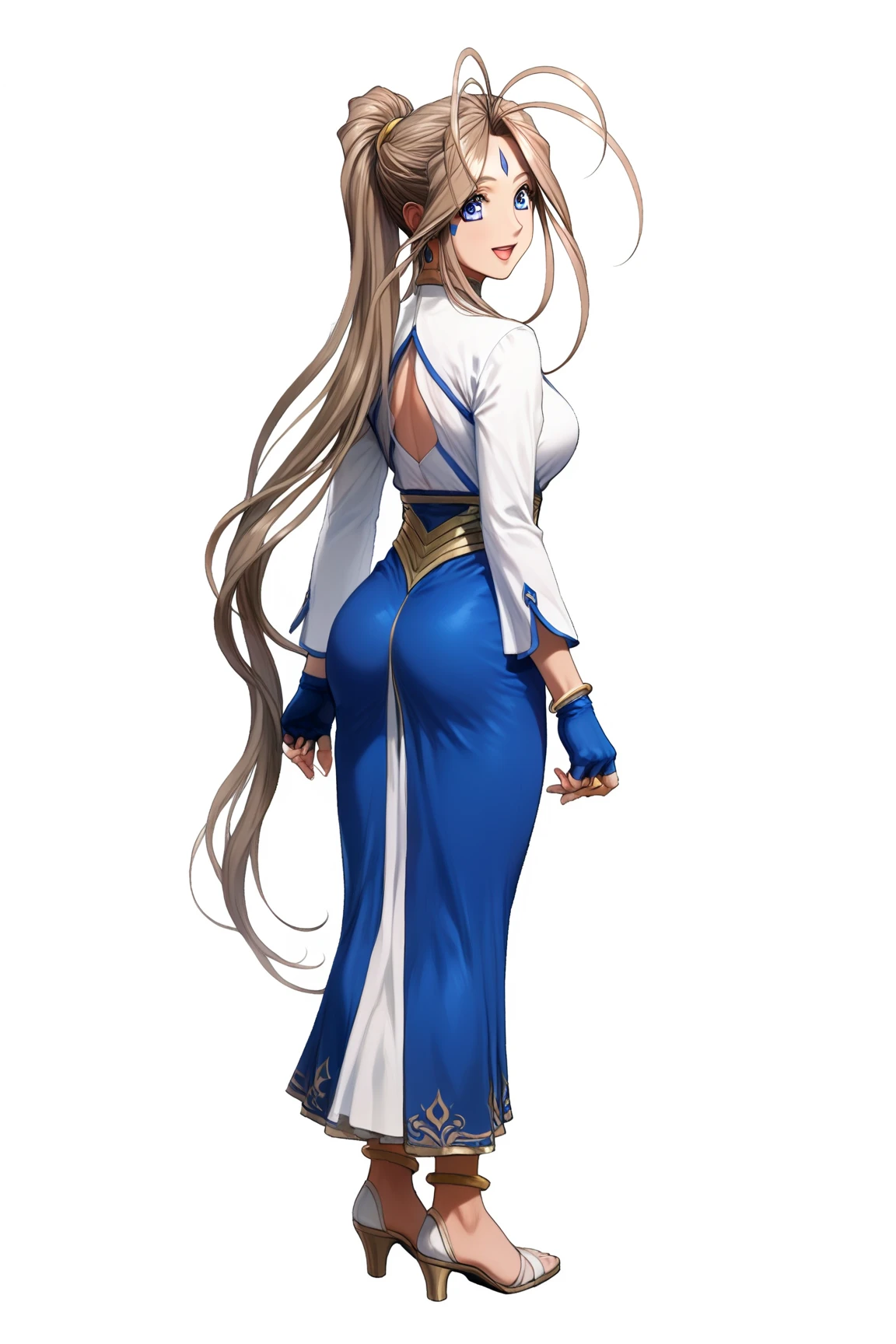 sfw, 1goddess, solo, (priestess, priestess short-neck dress), (short-neck), long sleeves, ((Blue-Trimmed-Dresses, Blue-Trim-clothes)), shiny, shiny white skin, (closed front clothes:1.6), calm smile, open mouth, open palm, arms_down, (full bust:1.5, glamorous, Curvy body, Slim waist), 
BREAK, Lovebell-SDXL, Belldandy, long ponytail, brown hair, blue eyes, parted lips, gold choker, ((fingerless_blue_short_gloves:1.5)), bracelet, earring, wedding_silver_ring on left_hand_ring_finger, gold anklet, (elegant mature woman), safety, tranquility, 
BREAK, simple background, transparent background, 
BREAK, extreme quality, cg, (detailed eyes,and face), (bright colors), (anime), impact, masterpiece, top tier, extravagant, 8k, unity wallpaper, unreal engine 5, ray tracing, 8k, cinematic, varied depth of field, octane render, tone mapping, hyper focus, detailed hand, 
BREAK, full body, ((standing)), dynamic angle, from behind, looking back,