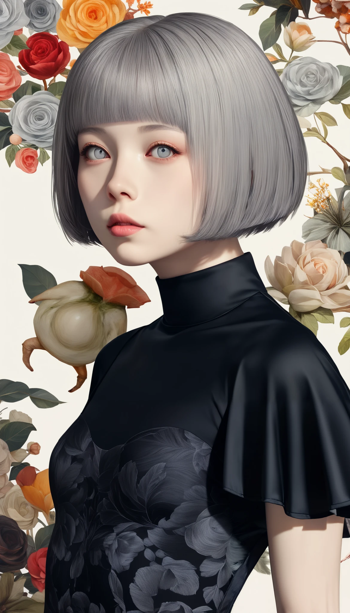 ((wallpaper 8k)), (( surreal)), (( Quality that shines with attention to detail:1.2)),  1 girl, １４、Kind eyes、  plump lips、Grey Hair、Fatigue、((( small breasts)))、Black Classy Dress , black capelet ,  looks up, Widespread poverty, (((  short bob、Grey Hair:1.5)))、 white skin