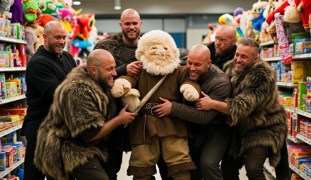 ((masterpiece)) ((photography)) ((Highest quality)) A group of six muscular men dressed as Vikings in fur-lined costumes, laughing and posing in a brightly lit store aisle filled with colorful stuffed animals. They playfully embrace a large plush toy of a Viking character, striking fun poses. The background is filled with shelves stacked with toys, bright colors, and vibrant decorations, creating a cheerful and whimsical atmosphere that highlights the contrast between the fierce Viking appearance and the playful toy-filled environment.