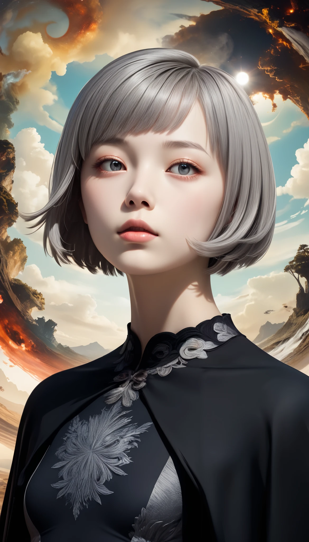 ((wallpaper 8k)), (( surreal)), (( Quality that shines with attention to detail:1.2)),  1 girl, １４、Kind eyes、  plump lips、Grey Hair、Fatigue、((( small breasts)))、Black Classy Dress , black capelet ,  looks up, Widespread poverty, (((  short bob、Grey Hair:1.5)))、 white skin