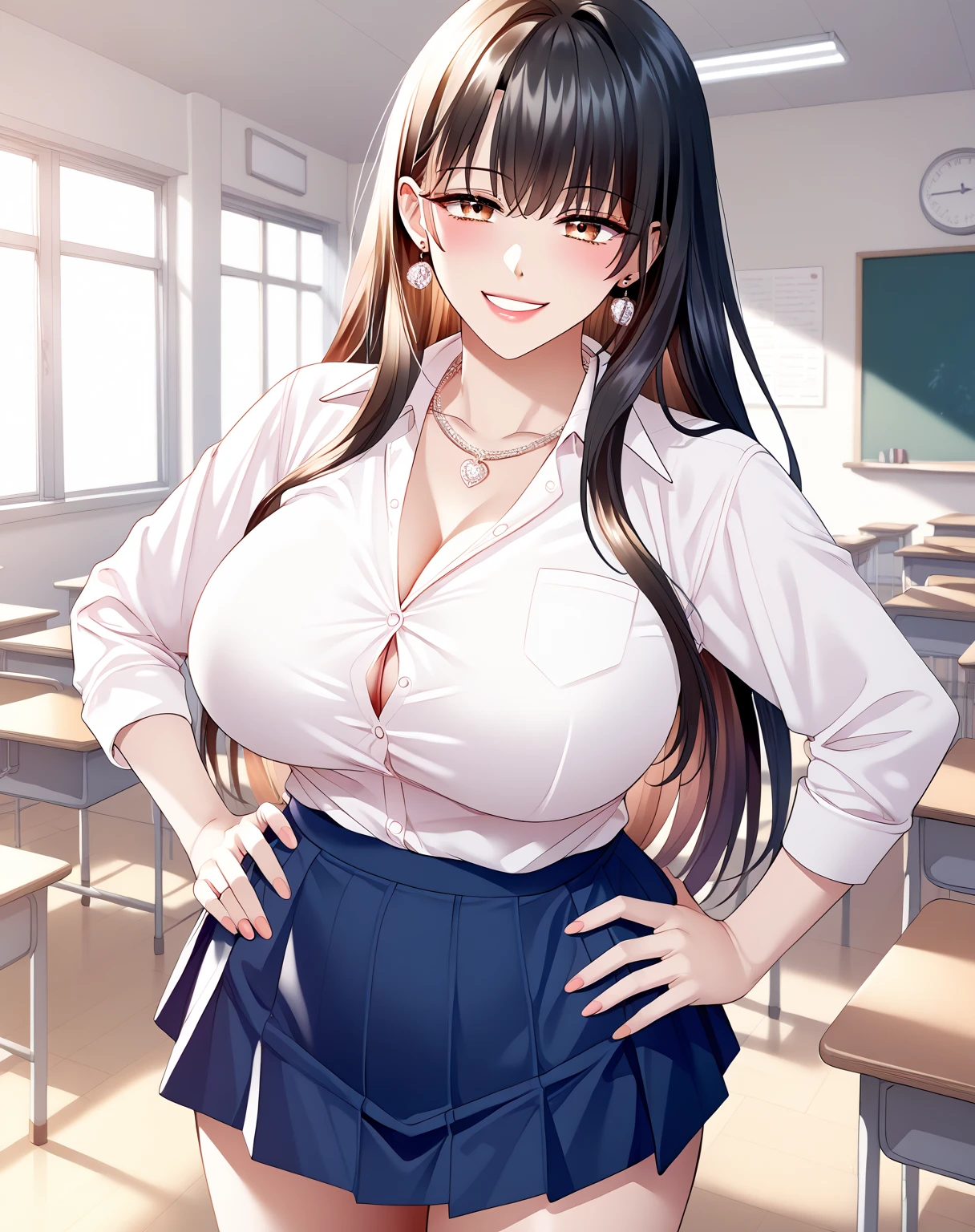 score_9, score_8_up, score_7_up, source_anime, 1girl, huge breasts, large breasts, curvy, voluptuous, black hair (straight bangs), brown eyes, long hair, high school female uniform, short school skirt, ribbon, earrings, necklace, jewelry, smile, standing, hands on hips, classroom, indoors, mgirly