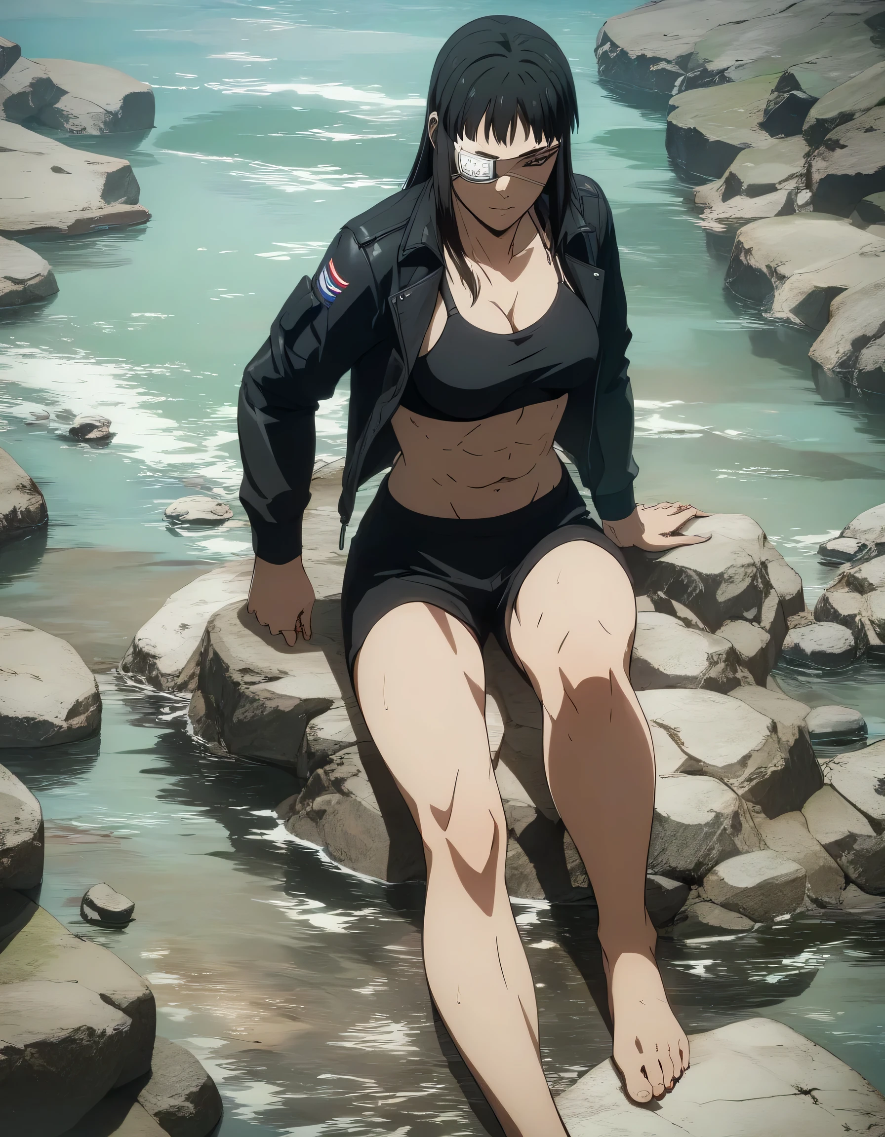 score_9, score_8_up, score_7_up,score_6_up,high resolution,source_anime,s0fiavalm3t,1girl,eyepatch,black hair,long hair,,water,rocks,,dramatic shadow,full body,wearing sport bra,black Elastic fibers combat trousers ,Barefoot,training hard,,sporting attraction,long   black leather jacket,kissing another female 