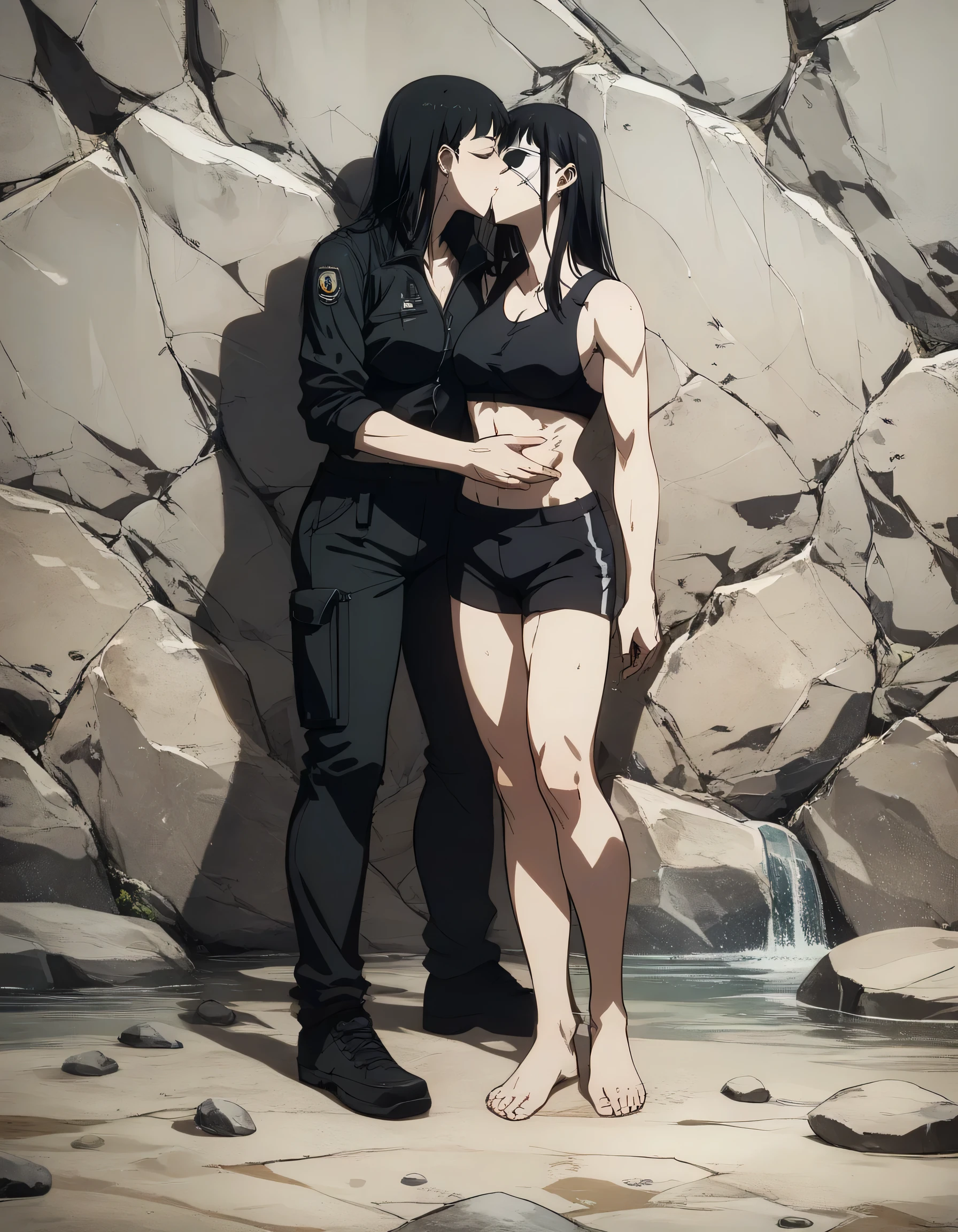 score_9, score_8_up, score_7_up,score_6_up,high resolution,source_anime,s0fiavalm3t,1girl,eyepatch,black hair,long hair,,water,rocks,,dramatic shadow,full body,wearing sport bra,black Elastic fibers combat trousers ,Barefoot,training hard,,sporting attraction,long   black leather jacket,kissing another female 