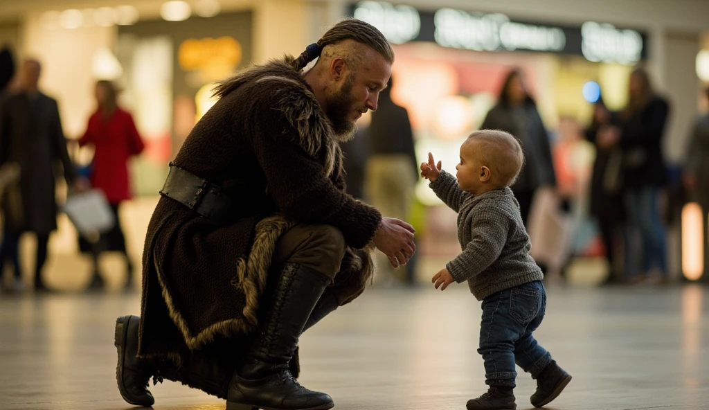 ((masterpiece)) ((photography)) ((Highest quality)) A medieval Viking warrior dressed in a fur-lined cloak, with braided hair and a long beard, is kneeling down in a modern shopping mall. He is gently interacting with a curious toddler, who is wearing a gray sweater and denim pants, reaching out toward him in wonder. The background features blurred shoppers and modern store displays, creating a striking contrast between the historical figure and the contemporary setting. Warm lighting enhances the moment of connection, capturing the sense of wonder shared across generations.