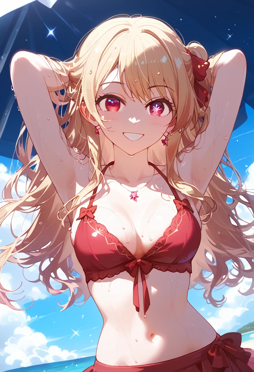 masterpiece, (((highest quality, perfect anatomy,))) at summer beach, ((cowboy shot, from bellow)), dazzling sunlight , 1girl, hoshinoruby, star-shaped pupils, ruby_hoshino, , blonde hair, bangs, 1girl, pink eyes, long hair, sidetail hair,  medium breast, silky skin, wet body , looking at viewer, red eyes, red bikini, smile, raise both hands, put your hands behind your head,