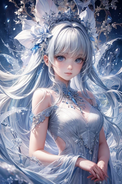 (2/3 body photo:1.5)wood, Exquisite mini ice spikes and crystals, Frozen waterfall in the background, Light reflected by ice crystals, Flowing snowflakes.1 girl, Beautiful woman、pretty girl,A realistic person,Beautiful cleavage,((small breasts))