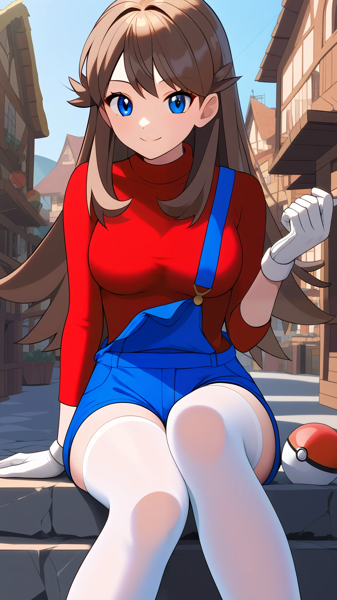  orange brown hair color,  long hair,  blue eyes, red long sleeve shirt , blue shorts overalls,  white knee-high stockings reflective on glass floors,  absolute domain,  Tall,  ANIME COLORING BOOK,  viewers of the pin, 1 Female, Age 18,  standing with different breasts , Three idiot hairs ,  with bangs, whole body, Place one hand on hip,  slim figure,  sexy smile,  Seductive Smile, Ample breasts, orange laces ,  top quality,  Detailed Background , Outdoor, town,  break 1 girl sitting, Alone, (\ Pokémon\),  score_9,  score_8_Excellent,  score_7_Excellent,  score_6_Excellent,  source_Anime,  cell shading ,  Flat Color , vector, Two legs,