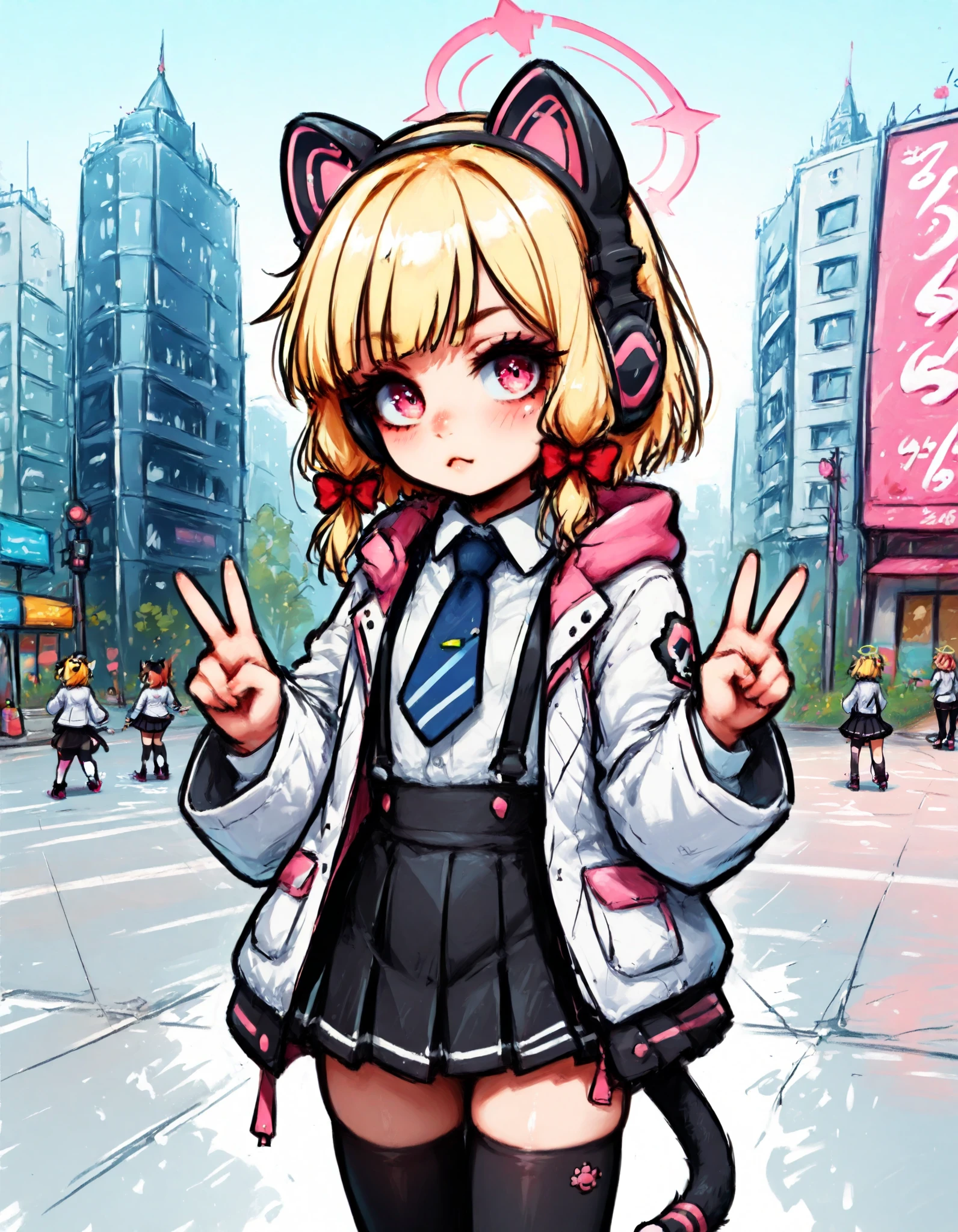 masterpiece, best quality, good quality, newest, cowboy shot,amazing quality,
1girl, solo, 21 year old model, eyelashes, (beautiful eyes), ,,, zzMomoi, blonde hair, animal ears, fake animal ears, animal ear headphones, headphones, short hair, bow, halo, cat ear headphones, hair bow, red bow, pink eyes, pink halo, tail, cat tail, red eyes, collared shirt, long sleeves, pleated skirt, white shirt, black skirt, blue necktie, white jacket, wide sleeves, black thighhighs, suspender skirt