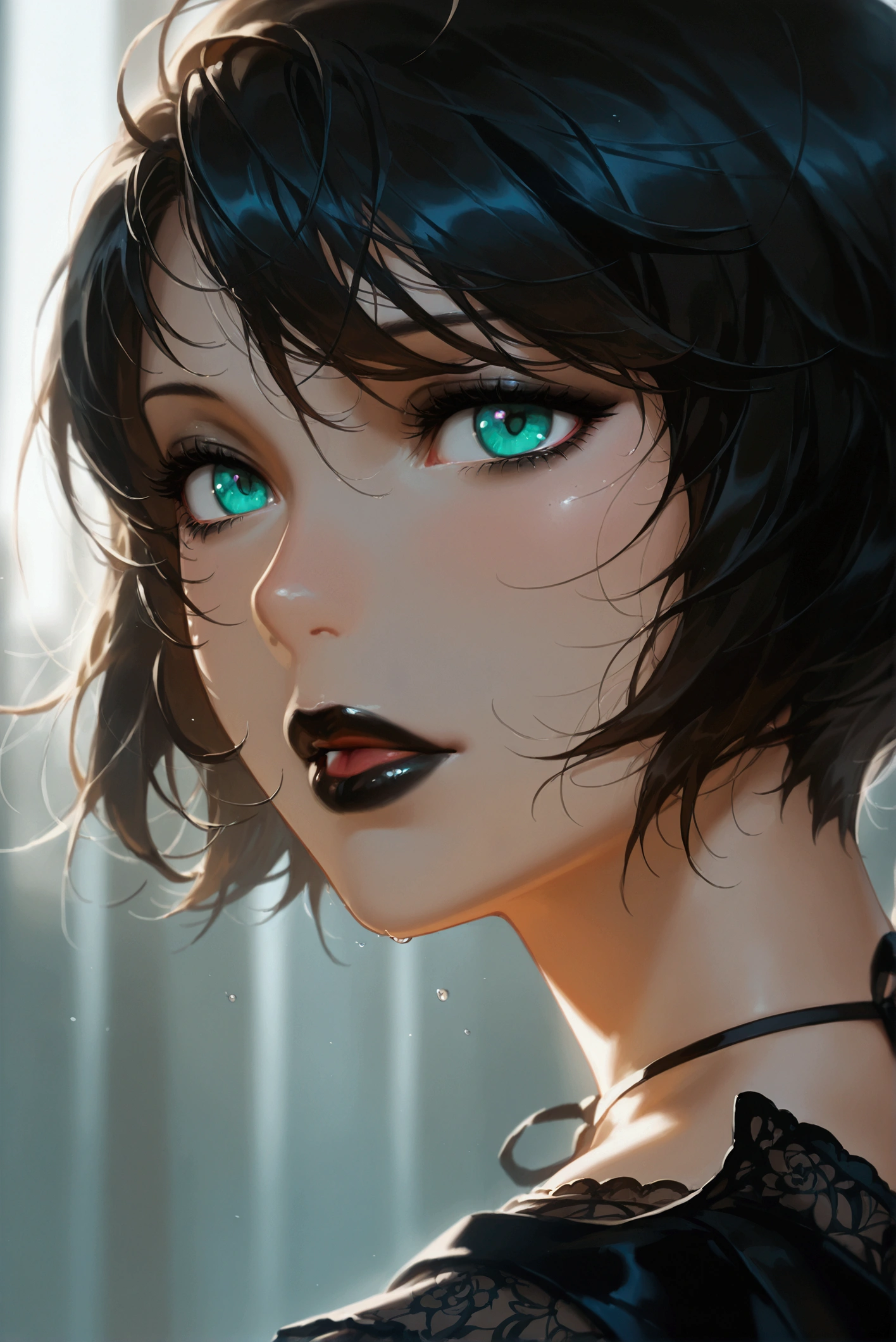  high resolution ,  a girl,  short hair,  hair over one eye , black lips