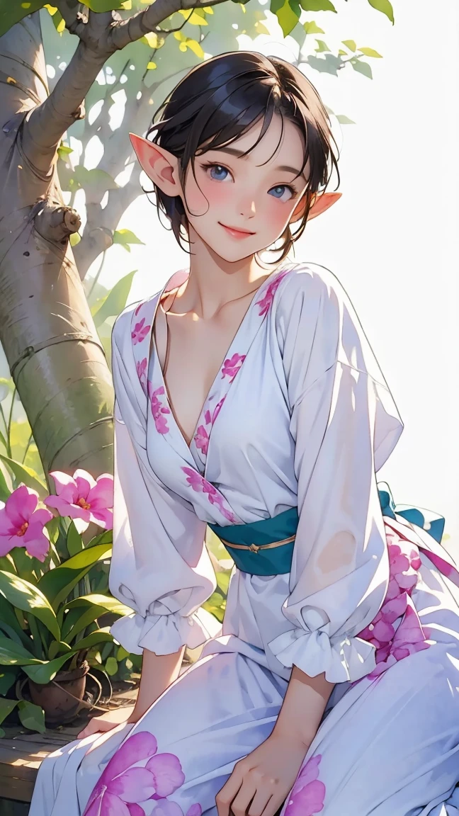 ((Cattleya, Three Flowers, close, whole body, ))、(Elf sitting on a tree branch、short hair、A kind smile、Small breasts)、Soft Focus、((Sargent-style watercolor))、((White Background))、(No background)、Blur the background、(Highest quality、High resolution、masterpiece)、4k anime art、
