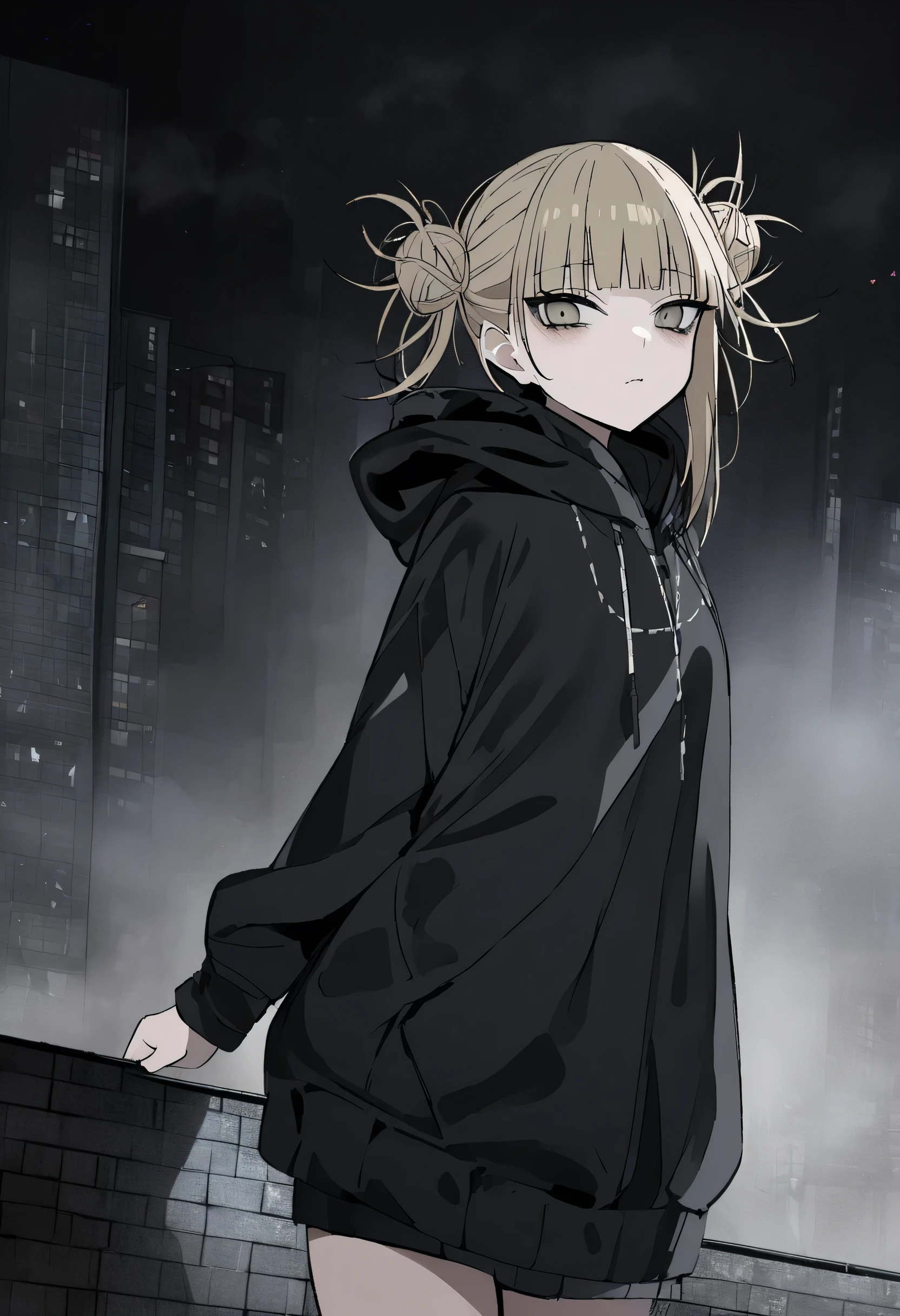 Himiko toga、 wearing a black hood 、The city on a dark rainy night、