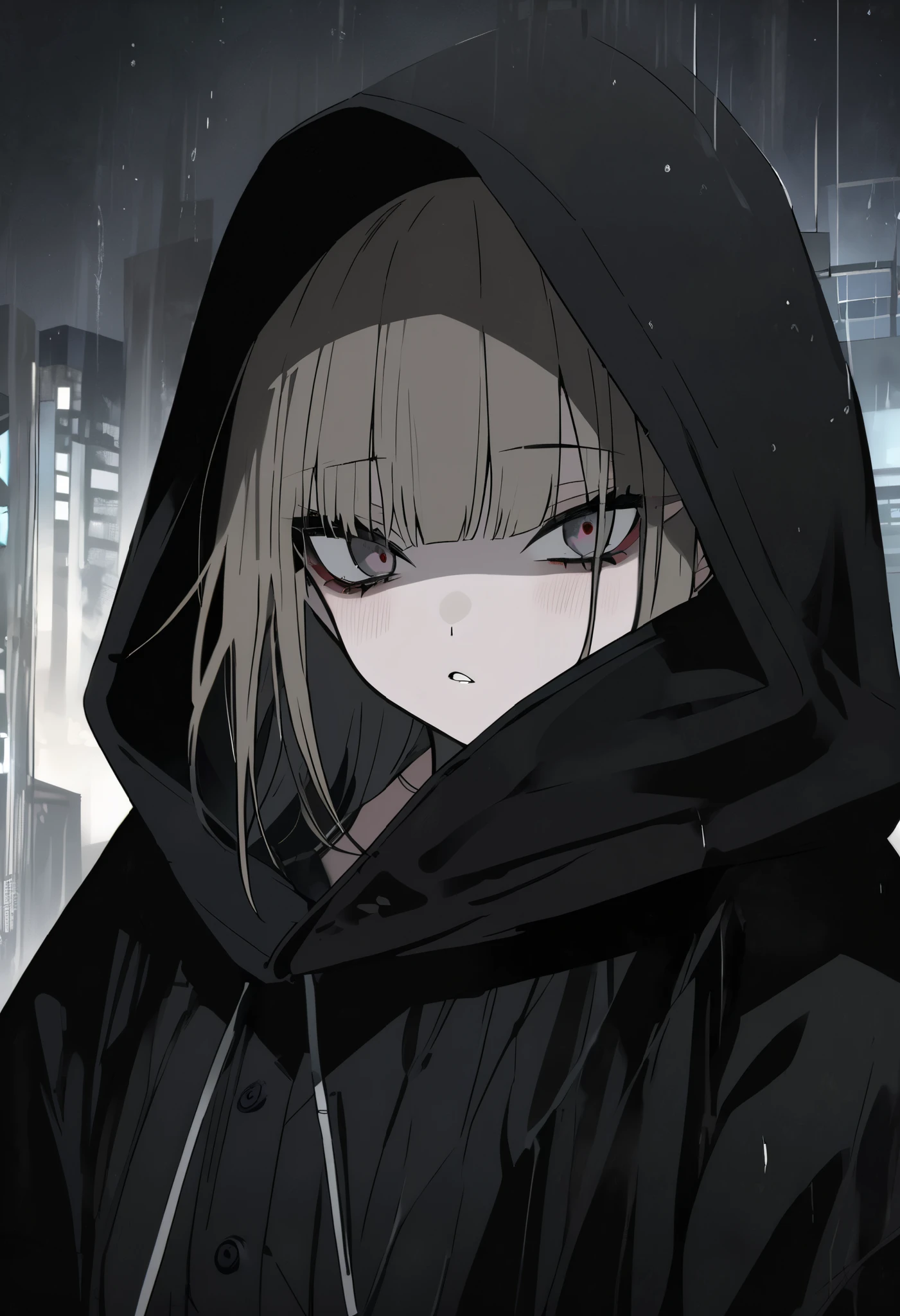 Himiko toga、 wearing a black hood 、The city on a dark rainy night、