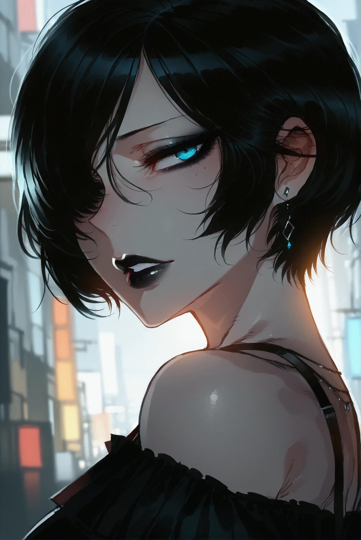  high resolution ,1 girl,  short hair,  hair over one eye , black lips, ratatatat74