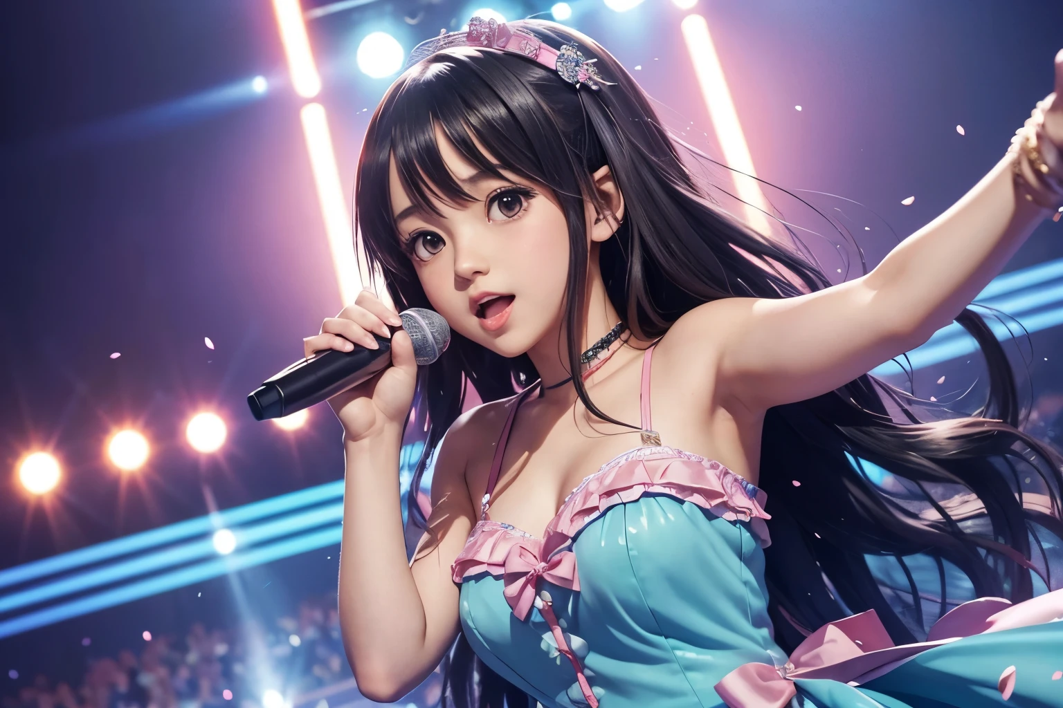 Twin-tailed,AKB48, idol,young Japanese idol,masterpiece, highly detailed, 1girl, solo, on the stage, singing, gigantic breasts, (button gap:-0.5), full body shot