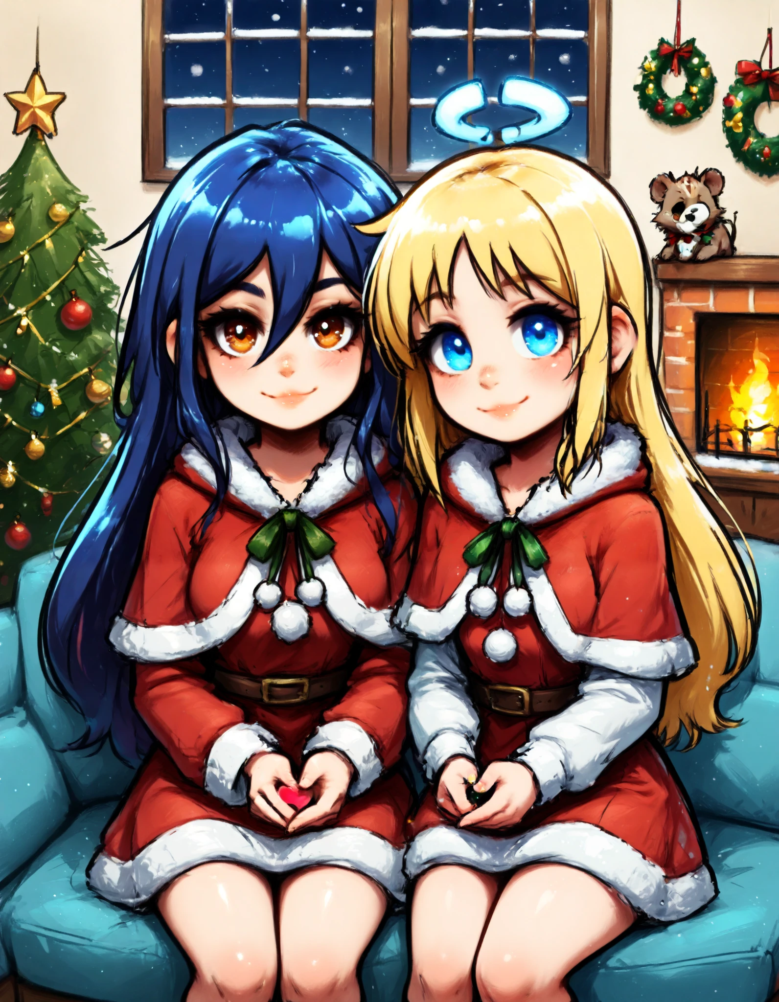 masterpiece, best quality, high quality, hi res, absurd res, new, newest, 2024, 2023, 2022, 2021, rendered, illustration, duo, female/female, human on anthro, face focus, inside, living room, sitting, on sofa, relaxing, fireplace, fire, window, snow, night, looking at viewer, portrait, light smile, arm around partner, wallpaper \(decoration\), blue wall, low light, dimly lit, dark, firelight, fire glow, christmas, christmas clothing, christmas tree, christmas lights, christmas decorations, christmas stocking, hand heart, anthro, elza \(interspecies reviewers\), spotted hyena, blue hair, brown eyes, human, crimvael \(interspecies reviewers\), blonde hair, blue eyes, santa dress, capelet, fur trim, detailed, detailed background, detailed fur, detailed eyes, soft lighting, soft shading, perfect, flawless, immaculate, correct, good anatomy, well drawn,