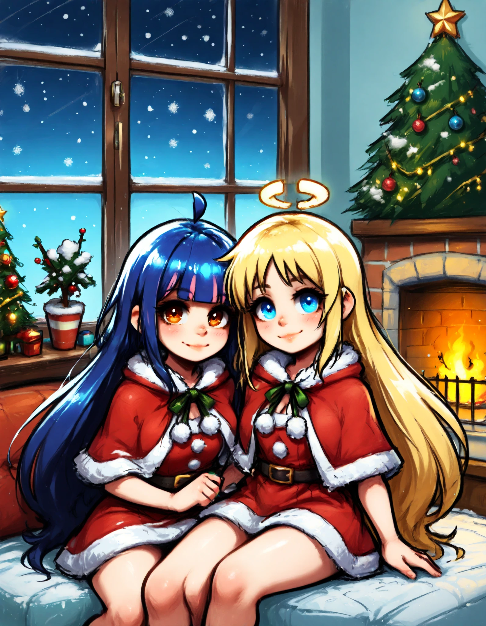 masterpiece, best quality, high quality, hi res, absurd res, new, newest, 2024, 2023, 2022, 2021, rendered, illustration, duo, female/female, human on anthro, face focus, inside, living room, sitting, on sofa, relaxing, fireplace, fire, window, snow, night, looking at viewer, portrait, light smile, arm around partner, wallpaper \(decoration\), blue wall, low light, dimly lit, dark, firelight, fire glow, christmas, christmas clothing, christmas tree, christmas lights, christmas decorations, christmas stocking, hand heart, anthro, elza \(interspecies reviewers\), spotted hyena, blue hair, brown eyes, human, crimvael \(interspecies reviewers\), blonde hair, blue eyes, santa dress, capelet, fur trim, detailed, detailed background, detailed fur, detailed eyes, soft lighting, soft shading, perfect, flawless, immaculate, correct, good anatomy, well drawn,