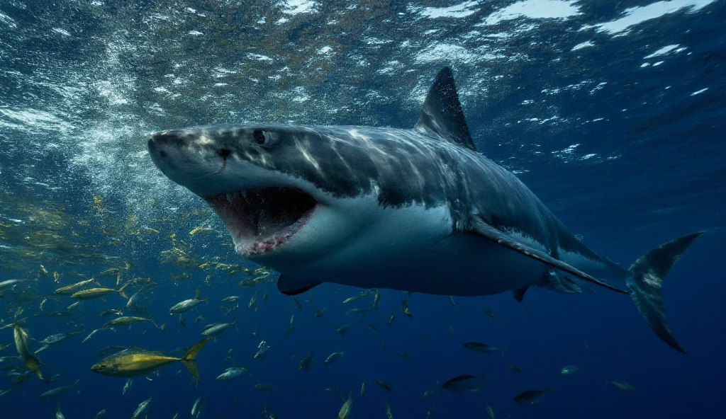 ((masterpiece)) ((photography)) ((Highest quality)) A large, menacing shark with glowing blue eyes is at the center of the image, surrounded by a swirling mass of smaller fish. The shark's detailed textures highlight its fierce expression, while the surrounding fish create a dynamic underwater scene. The background is a deep ocean blue, enhancing the dramatic atmosphere, with schools of yellow fish adding vibrant color contrast to the scene.