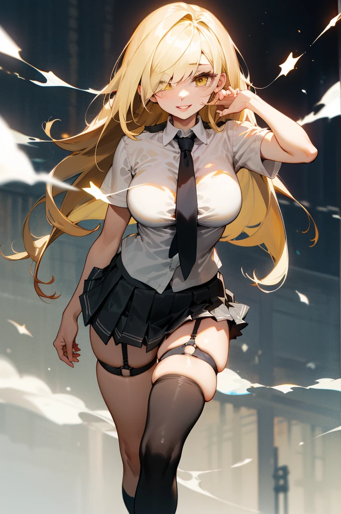 (masterpiece, highest quality, ultra high resolution),1 girl, Improve, Dark brown skin, blue eyes, blonde hair, big breasts, thick thighs, Hime cut, black office jacket, white shirt, black office skirt and black stockings, beautiful and detailed face, fine eyes, detailed nose, Cyberpunk city at night with fog and neon lights、(shiny body:1.5、underboob:1.8)