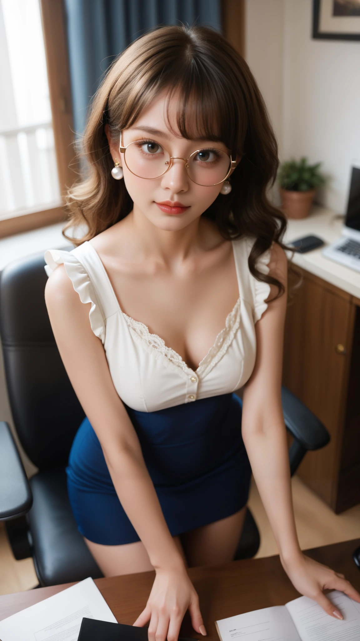 office girl, BREAK, girl, (young, cute:1.), from above, long wavy hair, round framed glasses, pearl earring, overall mini dress, sleeveless, frills trim, (clavicles), breasts, photorealistic, hanfu, celebrity goddess, office, white blouse, sexy black bra, gold earring, long silky brown hair, perfect bangs, attractive beauty, cool girl, taut clothing,
