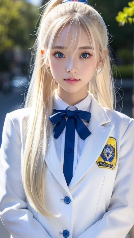  platinum blond hair is super long, straight, stringy hair 、Polate、 school uniform 、Bright expression、 ponytail、 young, white and shiny skin 、Great looks、 shiny bright hair 、Shiny, beautiful bangs、 double eyelids in judo uniforms、 eyeliner 、 very bright, very bright mint ice blue eyes that shine so beautifully、 Very Big Eyes ，Small Face Beauty、Very nice first 々 innocent 18 year old Eastern European girl 、 big bust、round face