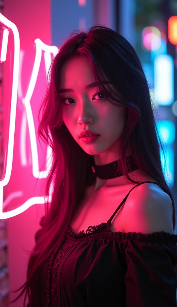 award winning portrait photography. A photo of ((JangEunYoung)), outside, street, sidewalk, , neon signs, tokyo, seoul, hong kong, kabukichou, shibuya, roppongi, shinjuku, (neon lights, smoke, haze, mist). 4K, 8K, hyperreal, photorealistic, 50 ISO.