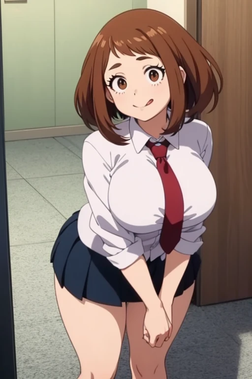 score_6_up, best quality, anime screencap, 1girl, ochako uraraka, skirt, white shirt, red tie, standing, school, big breasts, smile, from front, looking at viewer, thick legs, tongue out, lick, apple