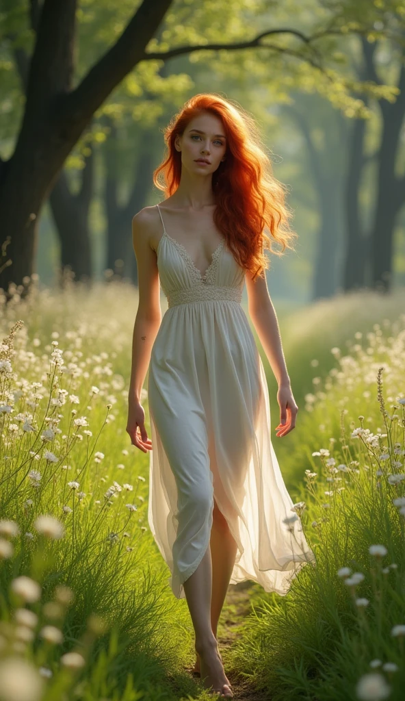 Woman without showing breast in white dress, redhead with flowers
