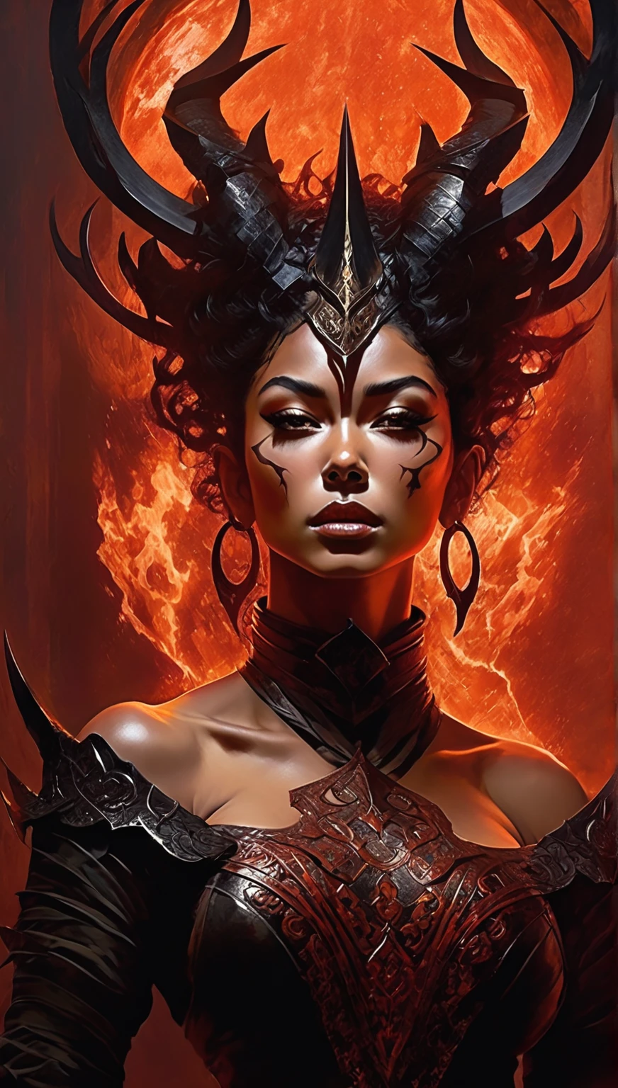 Karlach, a tiefling from Baldur's Gate 3, is depicted sitting confidently and imposingly, with her legs spread wide in a masculine and assertive stance. She is naked without any clothing. Her vibrant skin contrasts with her striking demonic features, including horns—one of which is broken, adding a touch of robustness. She has a few scars. Her short, wild hair, resembling black flames, frames her fierce yet sexy face, while her eyes radiate unrelenting intensity. She bears the scars of countless fights. The dramatic lighting highlights her features and posture, with a backdrop that suggests a dungeon cell. The scene exudes strength, charisma, and a defiant attitude. The shot is from below, her naked body emanating flames. She has bruises all over her body. Her private parts are wet. She is completely unprotected. She is aroused by the abuse she has suffered, her vagina throbs with excitement. conceptual art in 8K resolution , intricately detailed realism , Complex, elegant, expansive,  fantastic and psychedelic , ink dripping ,  in the abyss of empire ownership , night, blood moon, buildings, reflections