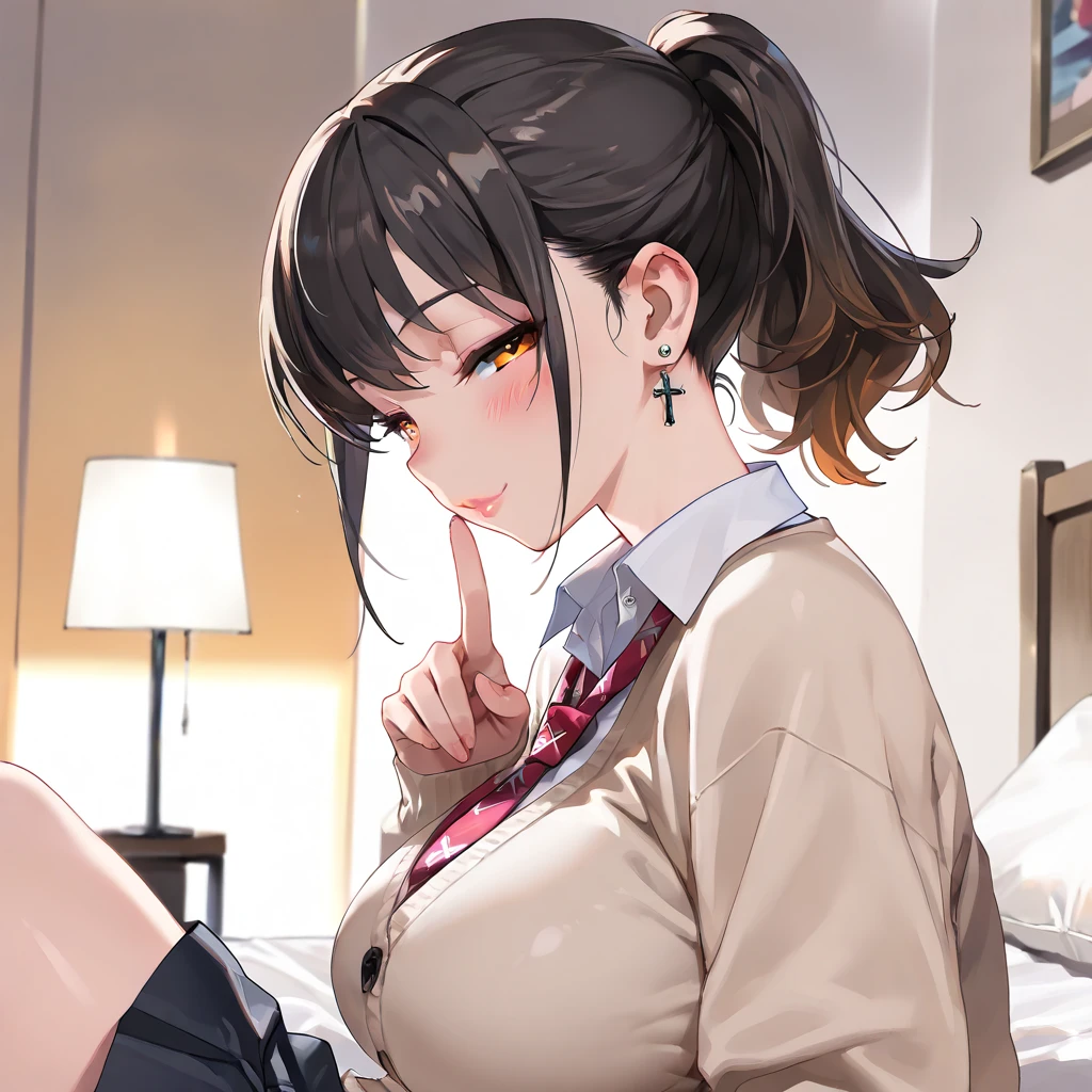 portrait, from side, finger gesture, cute girl, solo, school uniform, short hair, ponytail hair, Black hair with brown ends, orange eyes, large breasts, necktie, cross Pierced earrings, Sexy lips, cardigan, blush, flawless smooth skin, looking at viewer, elegant smile, half closed eyes, indoors, sitting, bedroom, bed, (best quality,4k,8k,highres,masterpiece:1.2),ultra-detailed,intricate details, high fashion, dramatic lighting, warm colors, chiaroscuro