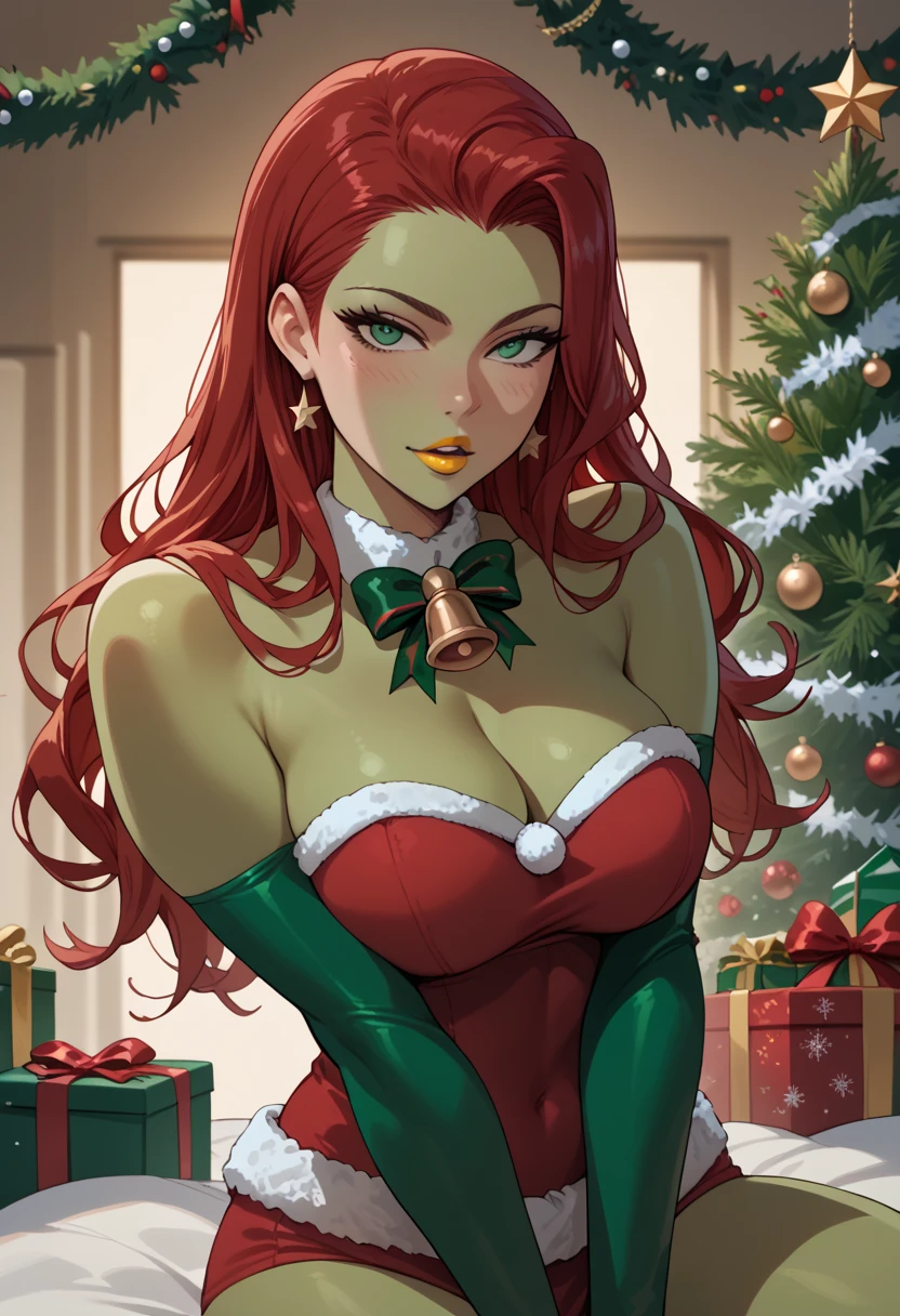 woman, red hair, green skin, yellow lipstick, long hair, christmas outfit, christmas, anime style, big breasts, green eyes,