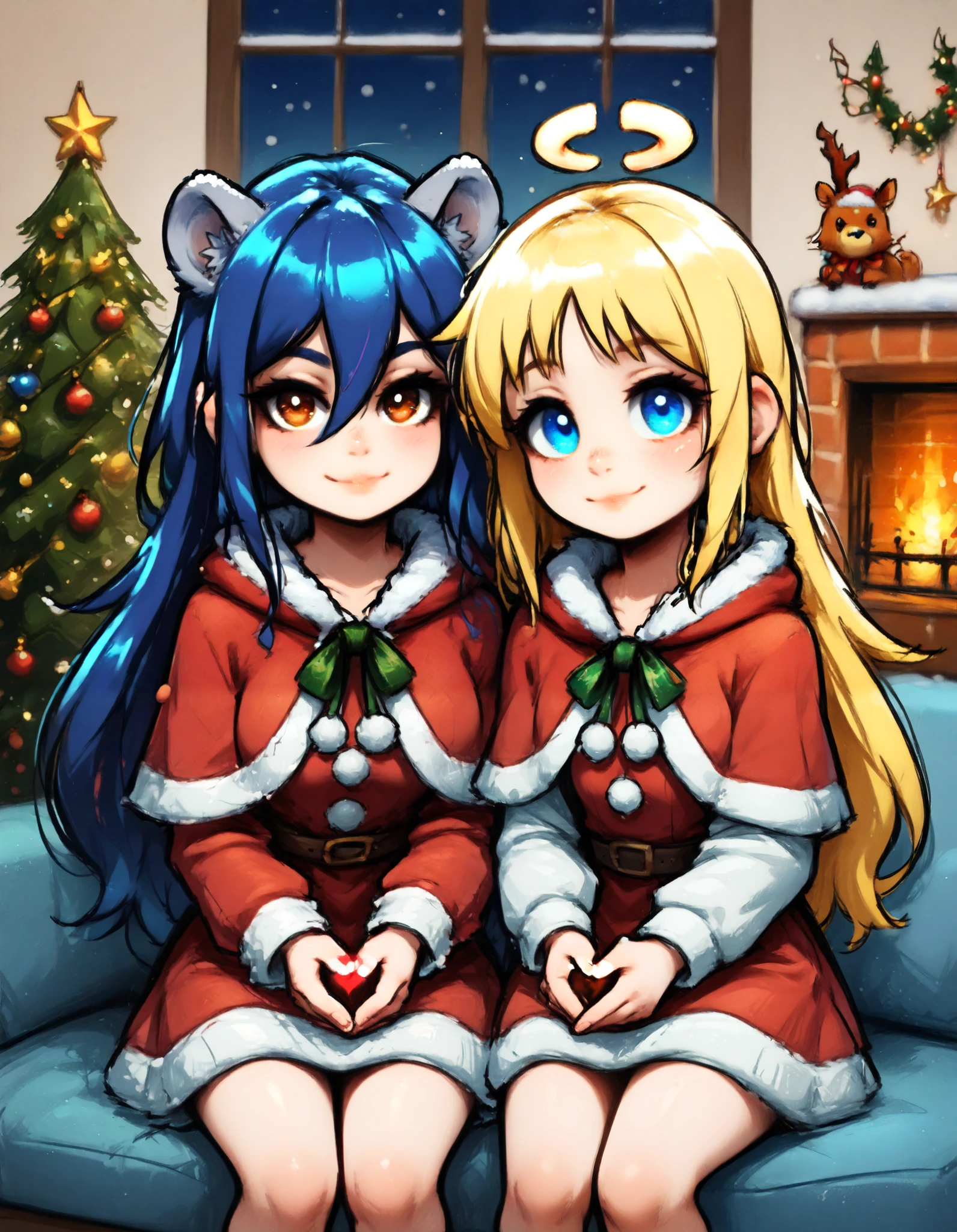 masterpiece, best quality, high quality, hi res, absurd res, new, newest, 2024, 2023, 2022, 2021, rendered, illustration, duo, female/female, human on anthro, face focus, inside, living room, sitting, on sofa, relaxing, fireplace, fire, window, snow, night, looking at viewer, portrait, light smile, arm around partner, wallpaper \(decoration\), blue wall, low light, dimly lit, dark, firelight, fire glow, christmas, christmas clothing, christmas tree, christmas lights, christmas decorations, christmas stocking, hand heart, anthro, elza \(interspecies reviewers\), spotted hyena, blue hair, brown eyes, human, crimvael \(interspecies reviewers\), blonde hair, blue eyes, santa dress, capelet, fur trim, detailed, detailed background, detailed fur, detailed eyes, soft lighting, soft shading, perfect, flawless, immaculate, correct, good anatomy, well drawn,