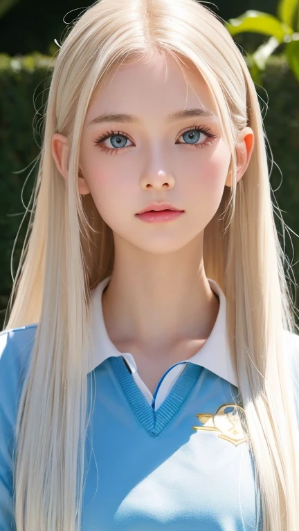  platinum blonde hair is super long, straight, stringy hair、Polate、 school uniform 、Bright expression、 ponytail、 young, white and shiny skin 、Great looks、 shiny bright hair 、Shiny, beautiful bangs、 double eyelids in judo uniforms、 eyeliner 、 very bright, very bright mint ice blue eyes that shine so beautifully、 Very Big Eyes ，Small Face Beauty、Very nice first 々 innocent 18 year old Eastern European girl 、 big bust、round face