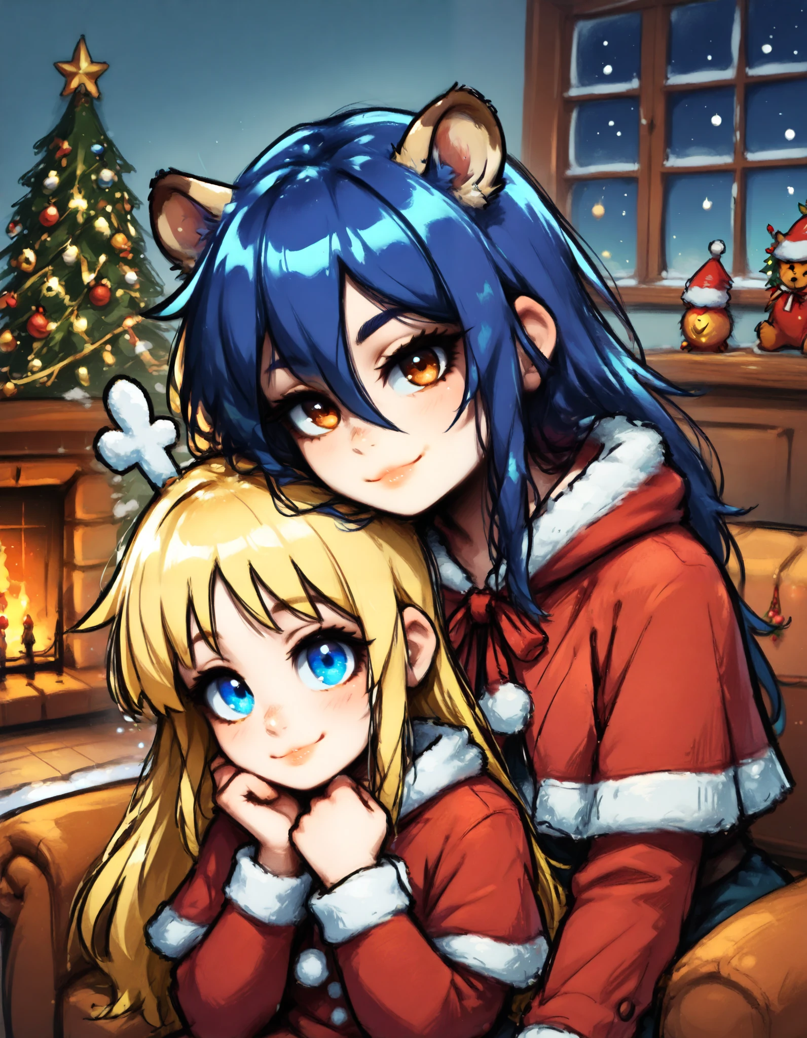 masterpiece, best quality, high quality, hi res, absurd res, new, newest, 2024, 2023, 2022, 2021, rendered, illustration, duo, female/female, human on anthro, face focus, inside, living room, sitting, on sofa, relaxing, fireplace, fire, window, snow, night, looking at viewer, portrait, light smile, arm around partner, wallpaper \(decoration\), blue wall, low light, dimly lit, dark, firelight, fire glow, christmas, christmas clothing, christmas tree, christmas lights, christmas decorations, christmas stocking, hand heart, anthro, elza \(interspecies reviewers\), spotted hyena, blue hair, brown eyes, human, crimvael \(interspecies reviewers\), blonde hair, blue eyes, santa dress, capelet, fur trim, detailed, detailed background, detailed fur, detailed eyes, soft lighting, soft shading, perfect, flawless, immaculate, correct, good anatomy, well drawn,
